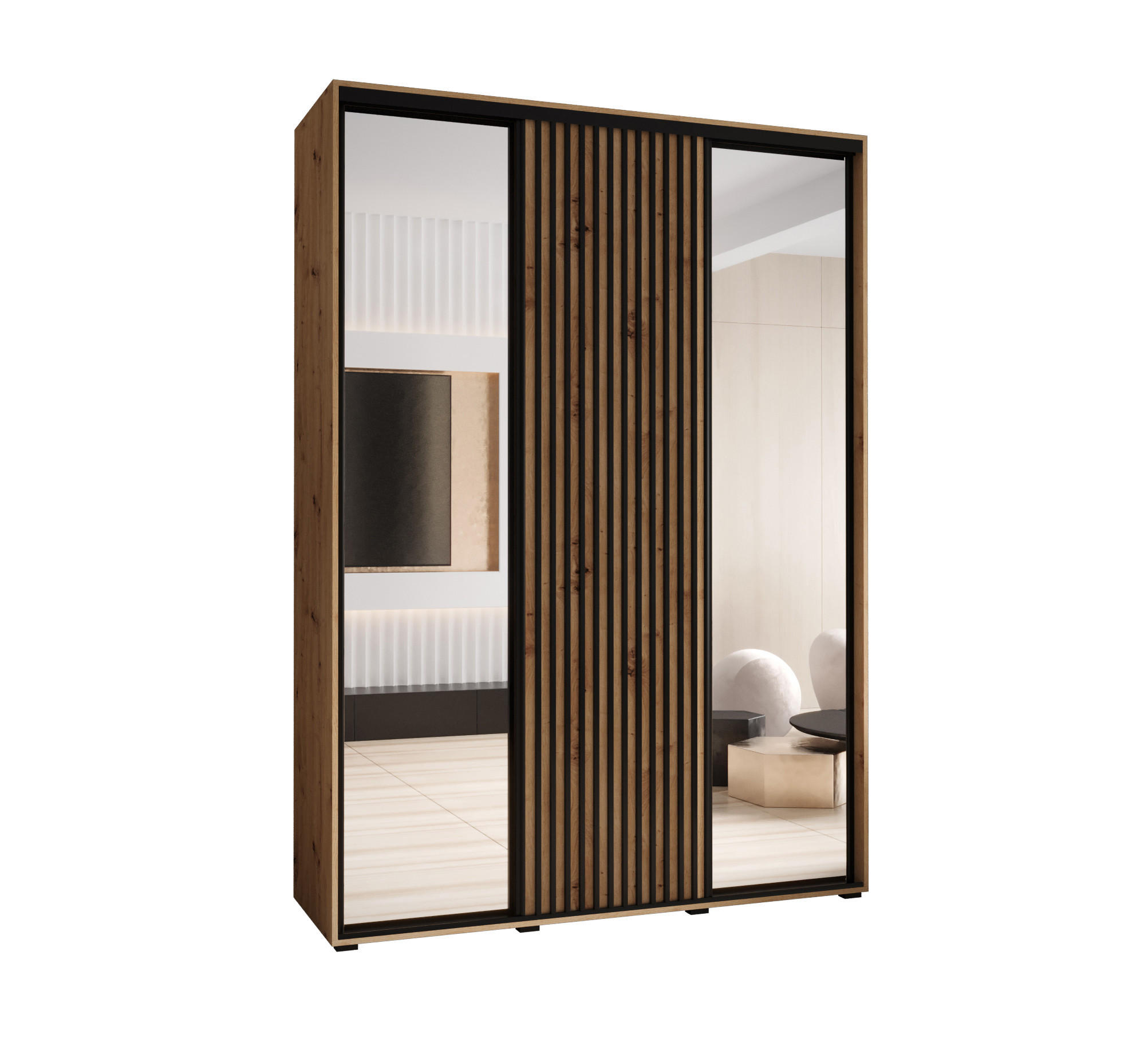 Abiks Möbel SCHWEBETÜRENSCHRANK Eiche Artisan, Eiche Artisan, Schwarz 180cm × 45cm × 205cm