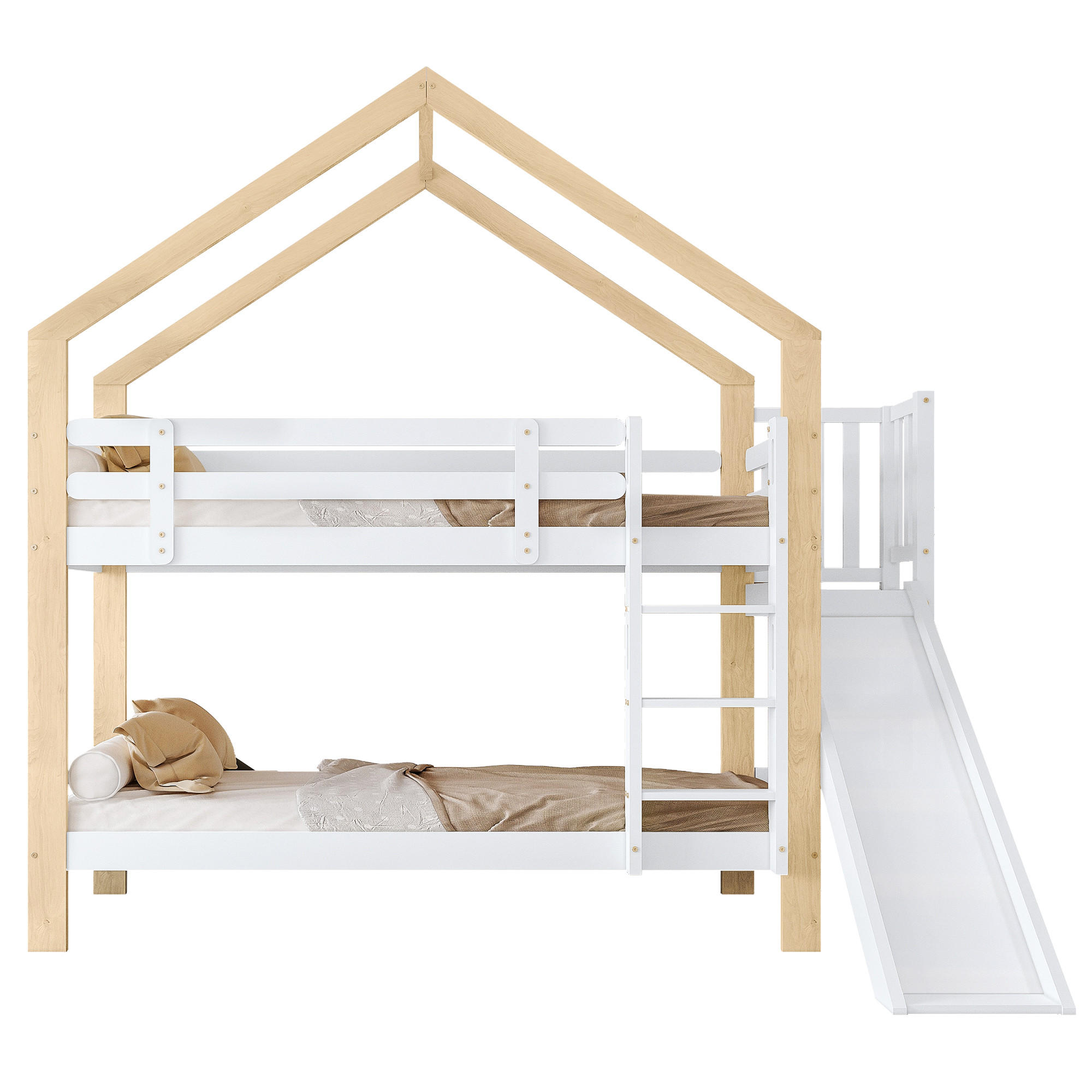 ETAGENBETT 90/200 cm Weiß+Natur mit Rutsche und sicherer Leiter aus Massivholz - Weiß, Holzwerkstoff (90/200cm) - OKWISH