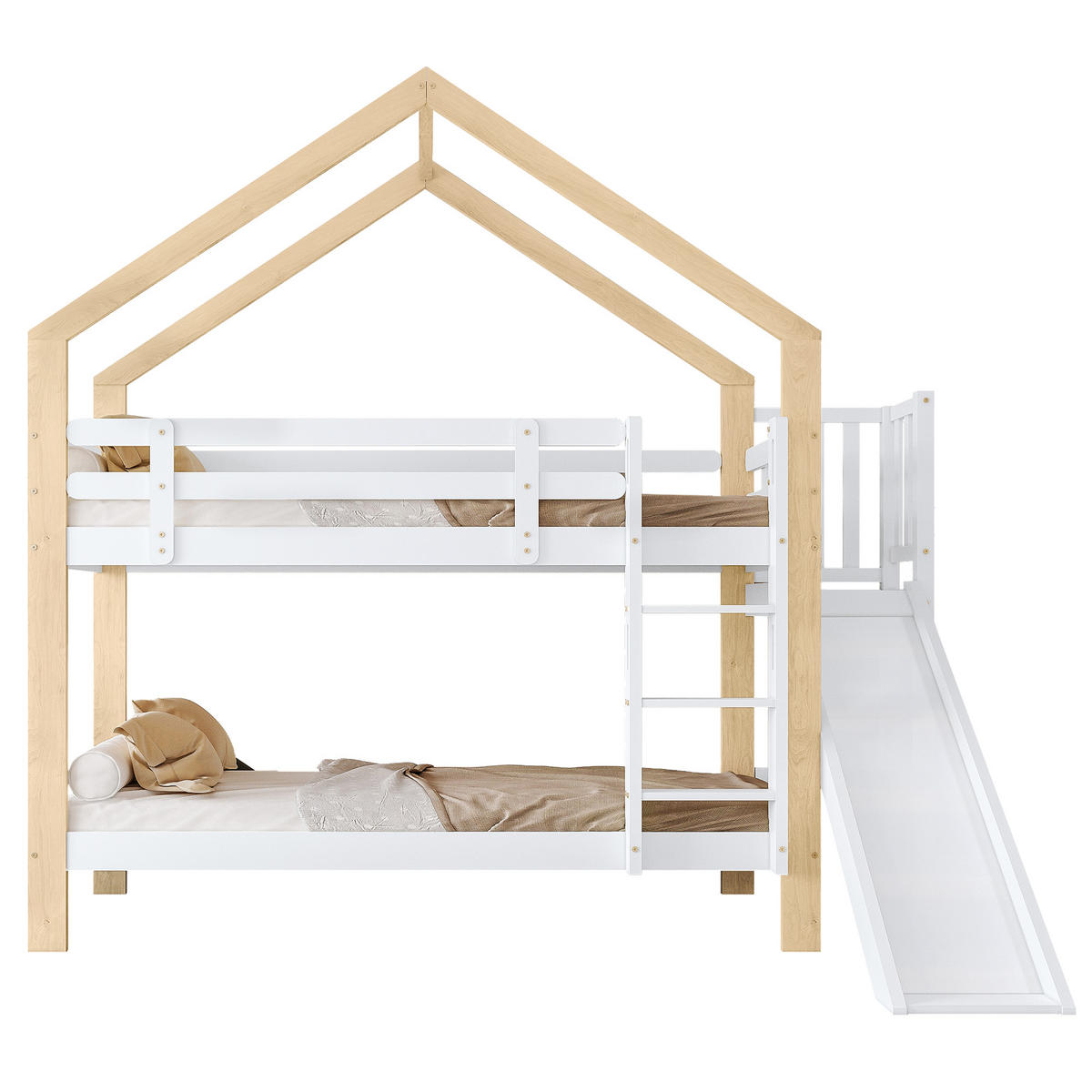 ETAGENBETT 90/200 cm Weiß+Natur mit Rutsche und sicherer Leiter aus Massivholz - Weiß, Holzwerkstoff (90/200cm) - OKWISH