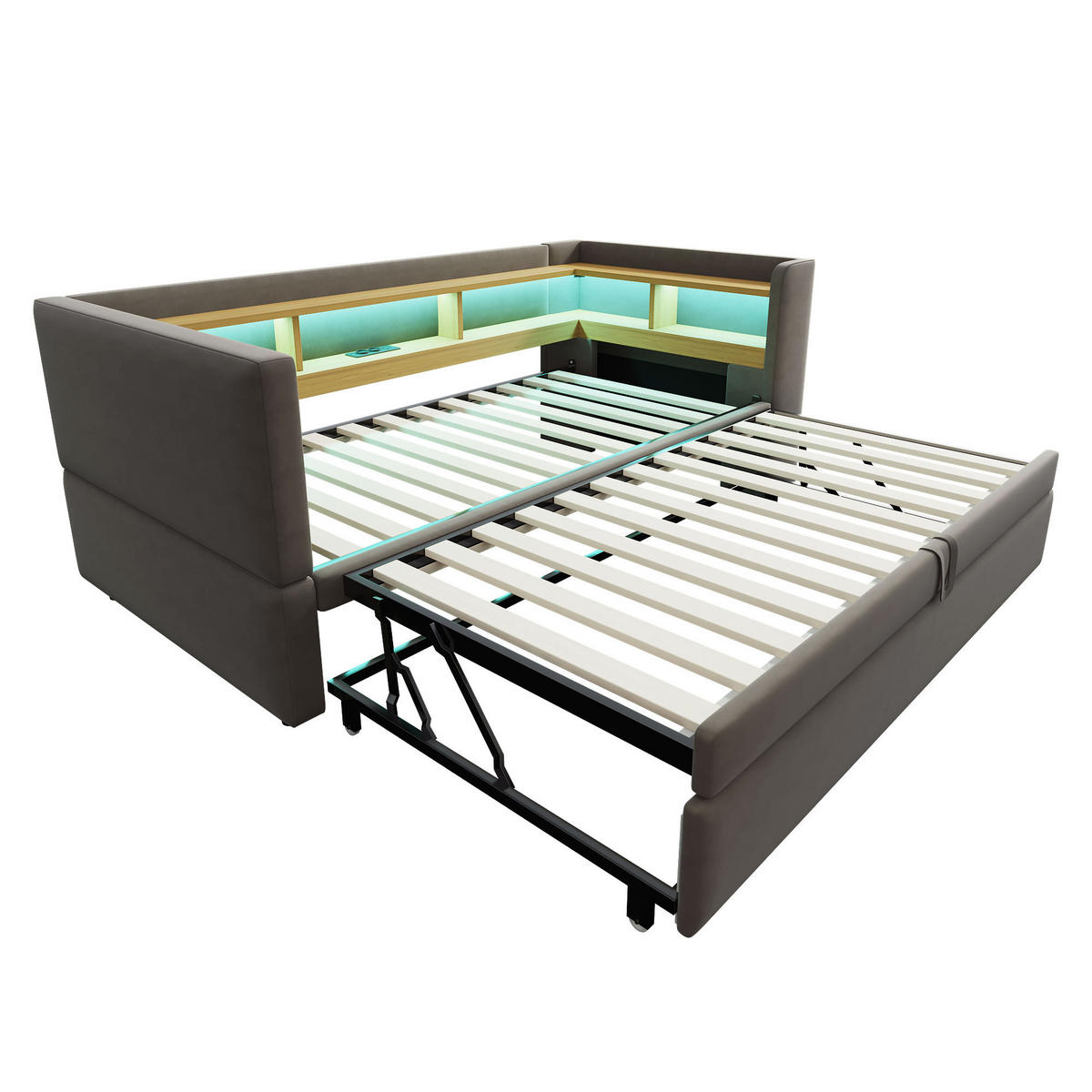 AUSZIEHBETT 90/180/190 cm DE-01990, in Dunkelgrau, mit LED, Steckdosen und Staufächern - Dunkelgrau, Metall (90/190cm) - ComfortXL