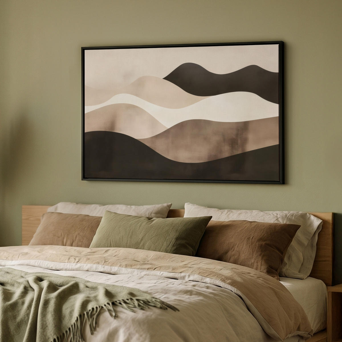 LEINWAND Bilder mit Rahmen - Abstrakt - Landschaft - Wellen - Cremefarben - 90x60 - Cappuccino, Textil (90/60cm) - MuchoWow