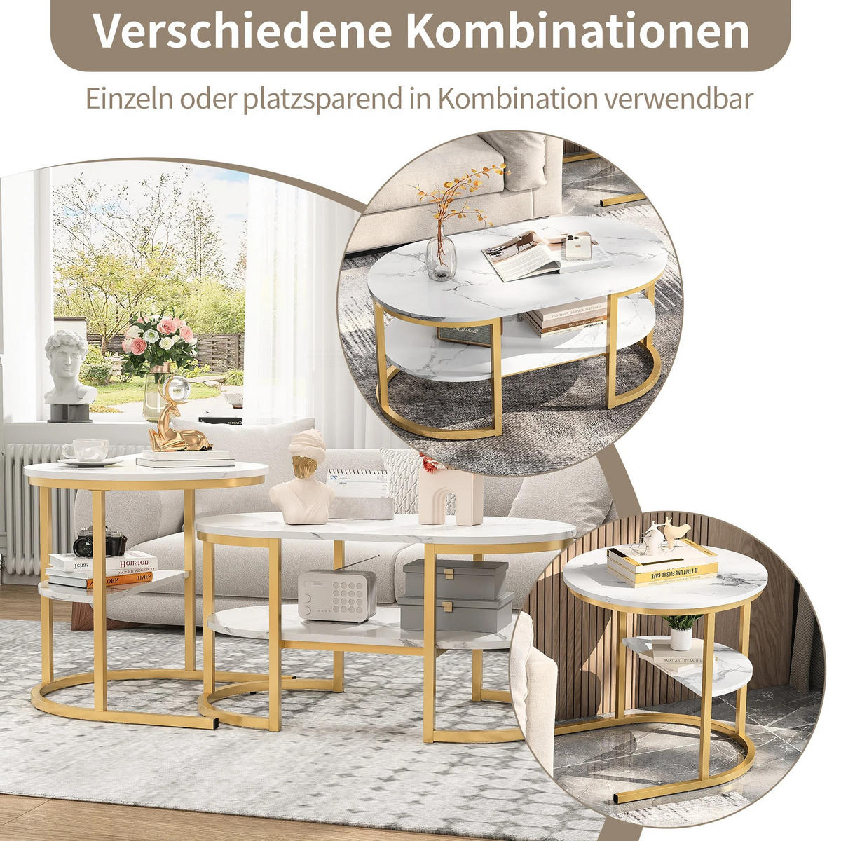 COUCHTISCH 2er-Set, Schwarz, Quadrat, Marmormuster - Schwarz, Holzwerkstoff (122/122/51cm) - Kaket