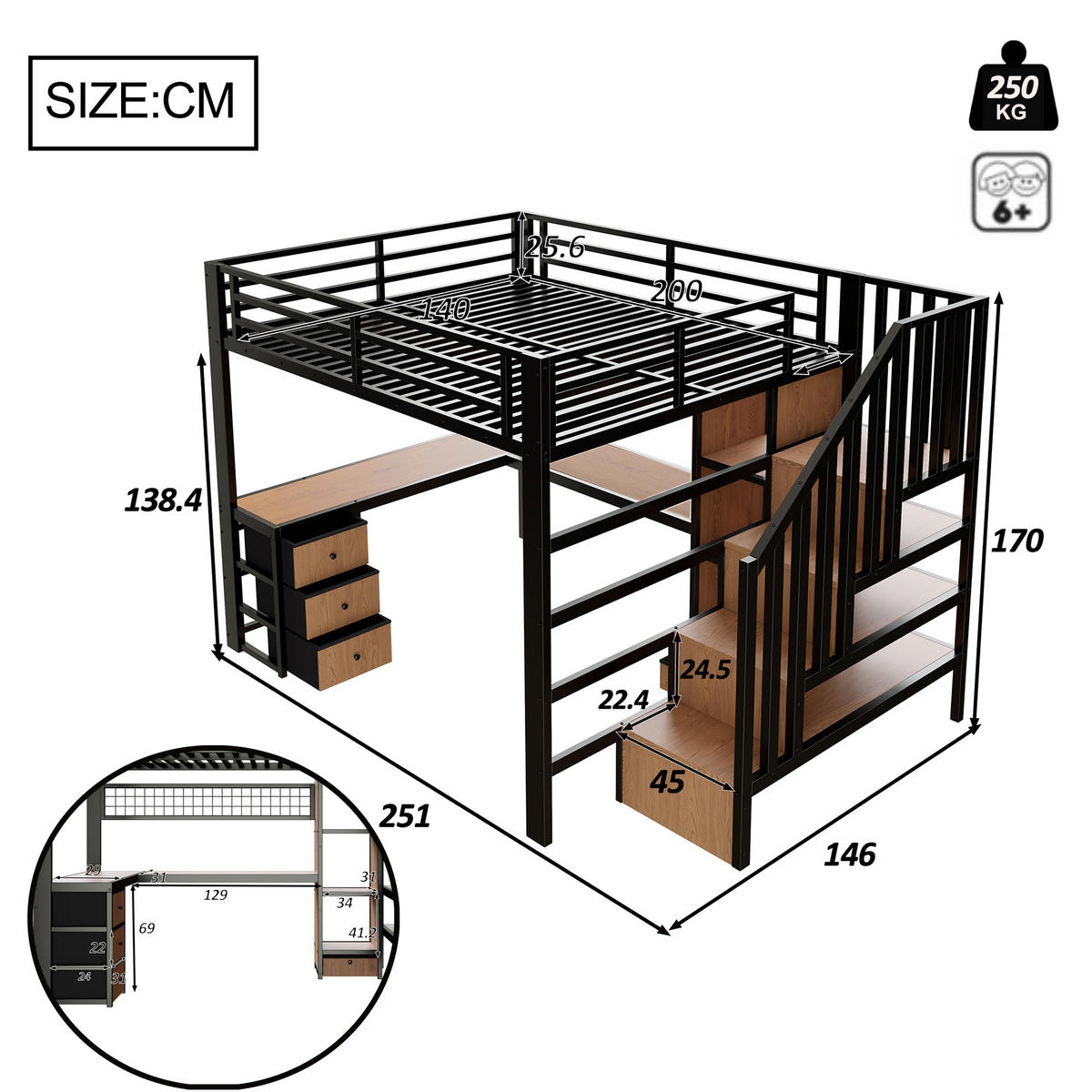 HOCHBETT 140/200 cm in Schwarz mit 4 Schubladen, LED, Schreibtisch und Ablage Metall Kinderbett - Schwarz, Holzwerkstoff/Metall (140/200cm) - STILVORA