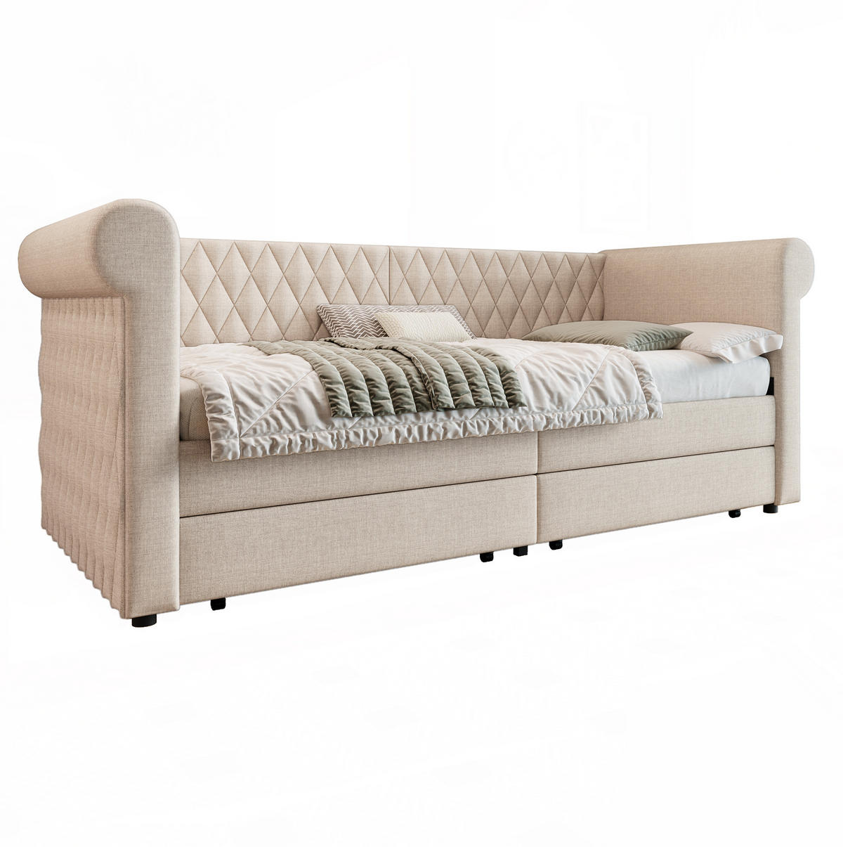 POLSTERBETT 90/200 cm aus Leinen mit 2 Schubladen, Beige - Beige, Textil (90/200cm) - Flora Grace