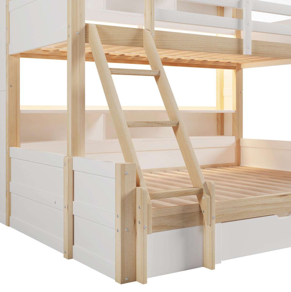 ETAGENBETT 90/200+140/200 cm in Weiß/Natur mit LED-Beleuchtung und Stauraum - Weiß, Holz (90/200cm) - OKMYHOME