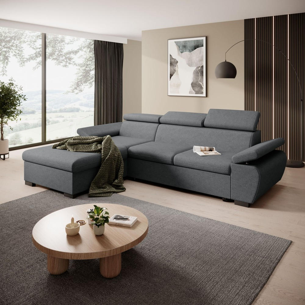 ECKSCHLAFSOFA Coco mit verstellbare Kopfstützen, dunkelgrau, links - Dunkelgrau, Textil (273/191cm) - Beautysofa