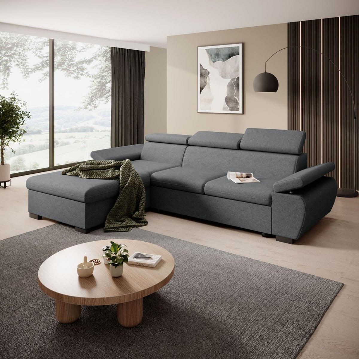 ECKSCHLAFSOFA Coco mit verstellbare Kopfstützen, dunkelgrau, links - Dunkelgrau, Textil (273/191cm) - Beautysofa
