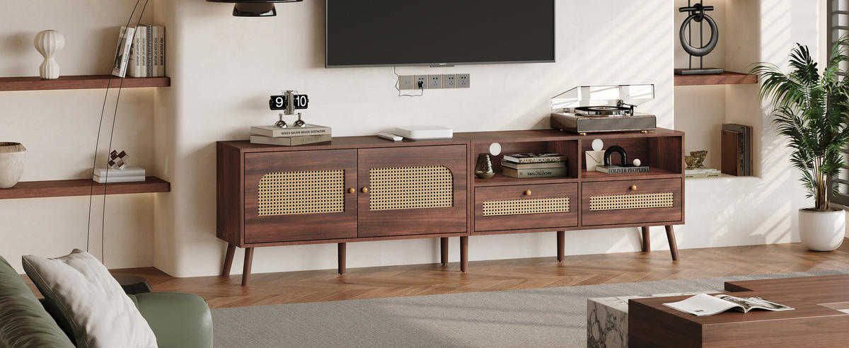 TV-LOWBOARD in Braun mit 2 Rattantüren und 2 Schubladen 200/37/49.5 cm - Braun, Holzwerkstoff (200/49.5/37cm) - Redom