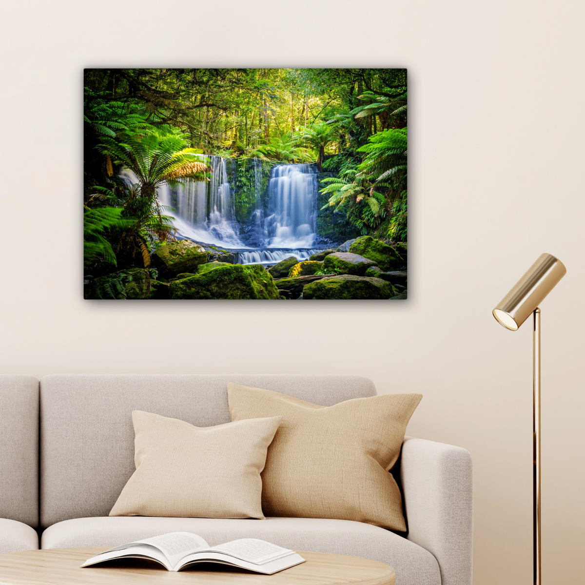 LEINWANDBILD Dschungel - Wasserfall - Australien - Pflanzen - Natur Wandbilder 80x60 cm - Dunkelgrün, Textil (80/60cm) - MuchoWow