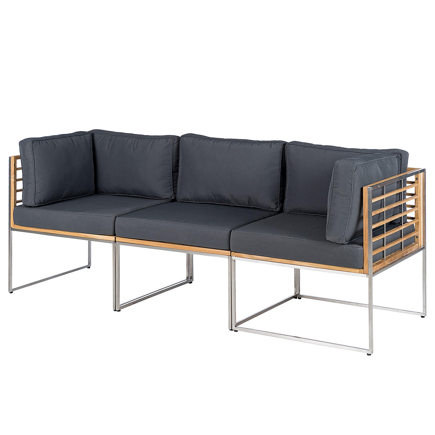 TEAKHOLZ GARTENBANK - 3-teilig - Webstoff / Teak massiv - Grau / Braun - Hellgrau, Holz/Textil (1/1/1cm) - home24