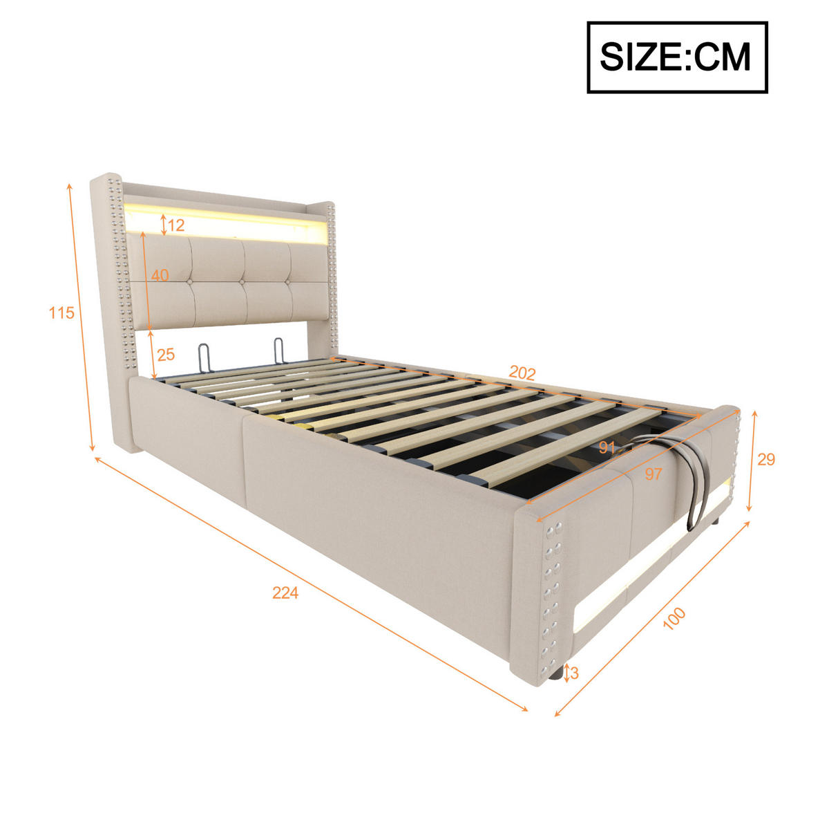 POLSTERBETT mit LED-Beleuchtung 90/200 cm mit Bettkasten und USB-Anschluss - Beige, Textil (90/200cm) - BEAOK