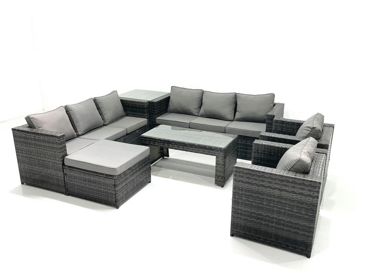GARTENMÖBEL COUCHTISCH SET mit Sofa Polyrattan Outdoor 9-Sitzer - Dunkelgrau/Grau, Glas/Kunststoff - Fimous