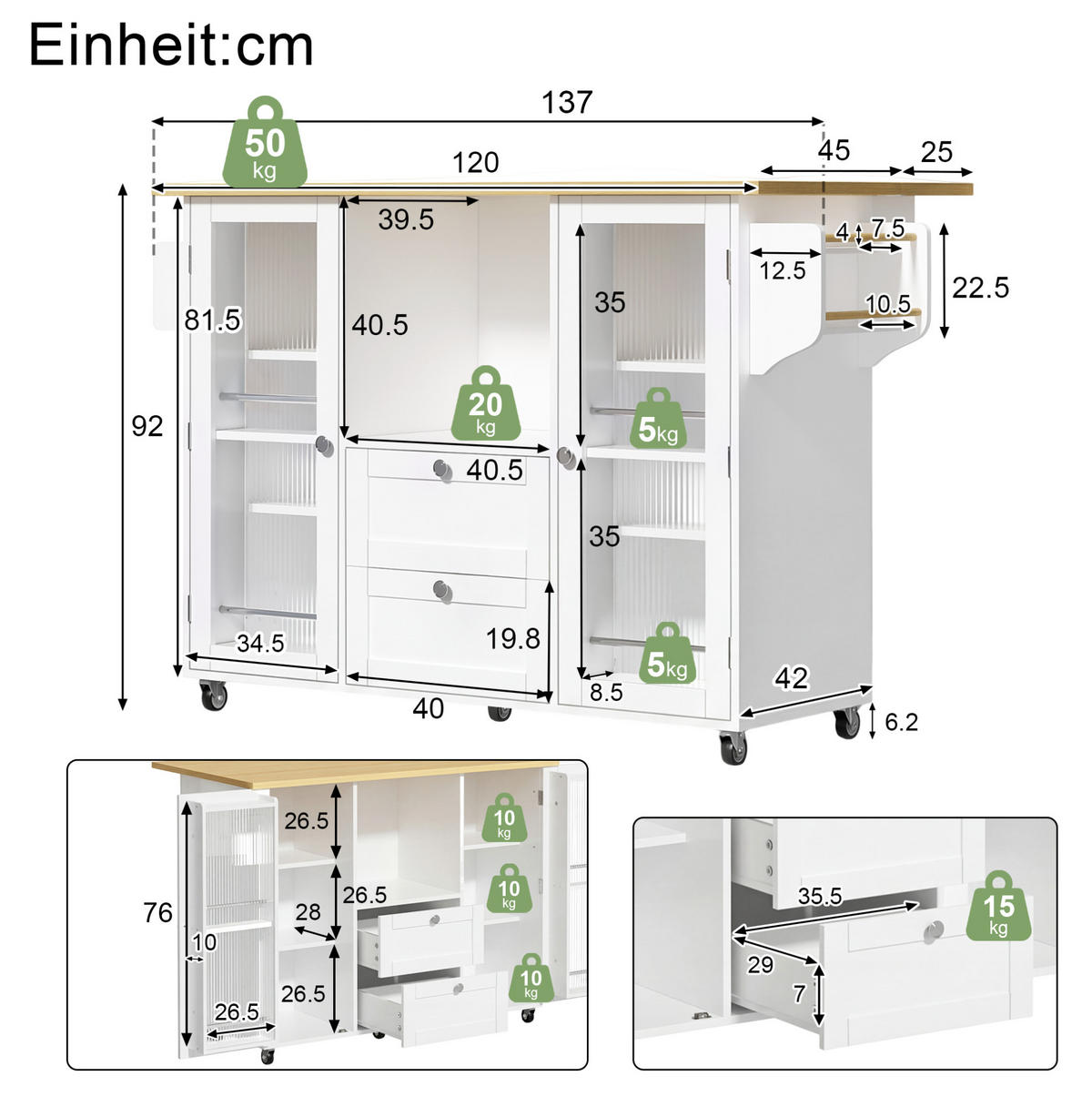 KÜCHENINSEL mit klappbarer Arbeitsplatte 120 x 45/70 x 92 cm Natural White - Naturfarben, Holz (70/92/120cm) - Beauniv