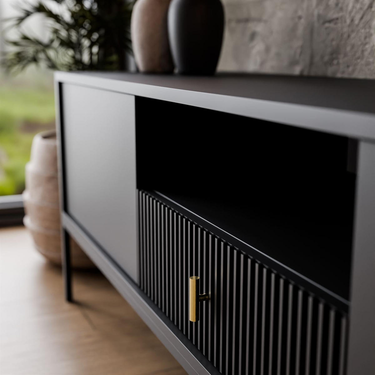 TV-ELEMENT MIDNIGHT mit Schubladen auf Gestell schwarz - Schwarz, Holzwerkstoff (154.5/52.5/39cm) - Lookway