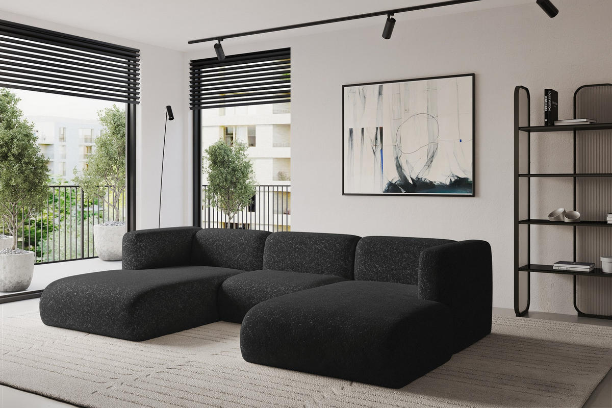 WOHNLANDSCHAFT MIRA-U1 317x179x70 Schwarz Velours - Schwarz, Holzwerkstoff/Kunststoff (317/70/179cm) - ALTDECOR