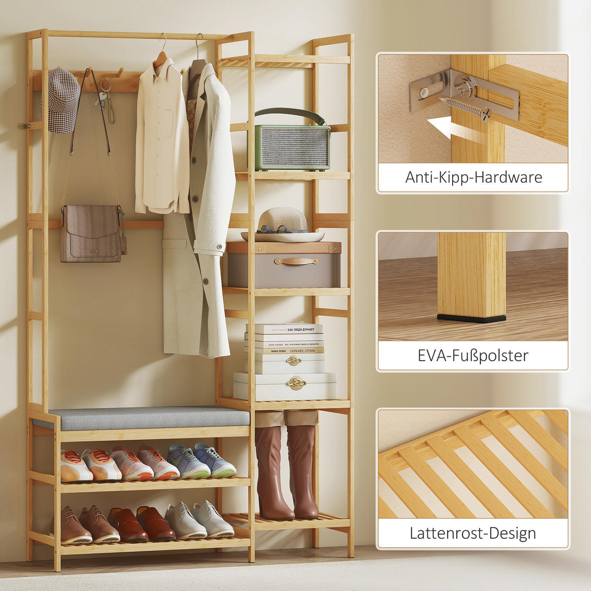 GARDEROBENSTÄNDER mit 10 Haken 104/33/175 cm Natur - Naturfarben/Grau, Holz/Bambusholz (33/175/104cm) - HOMCOM