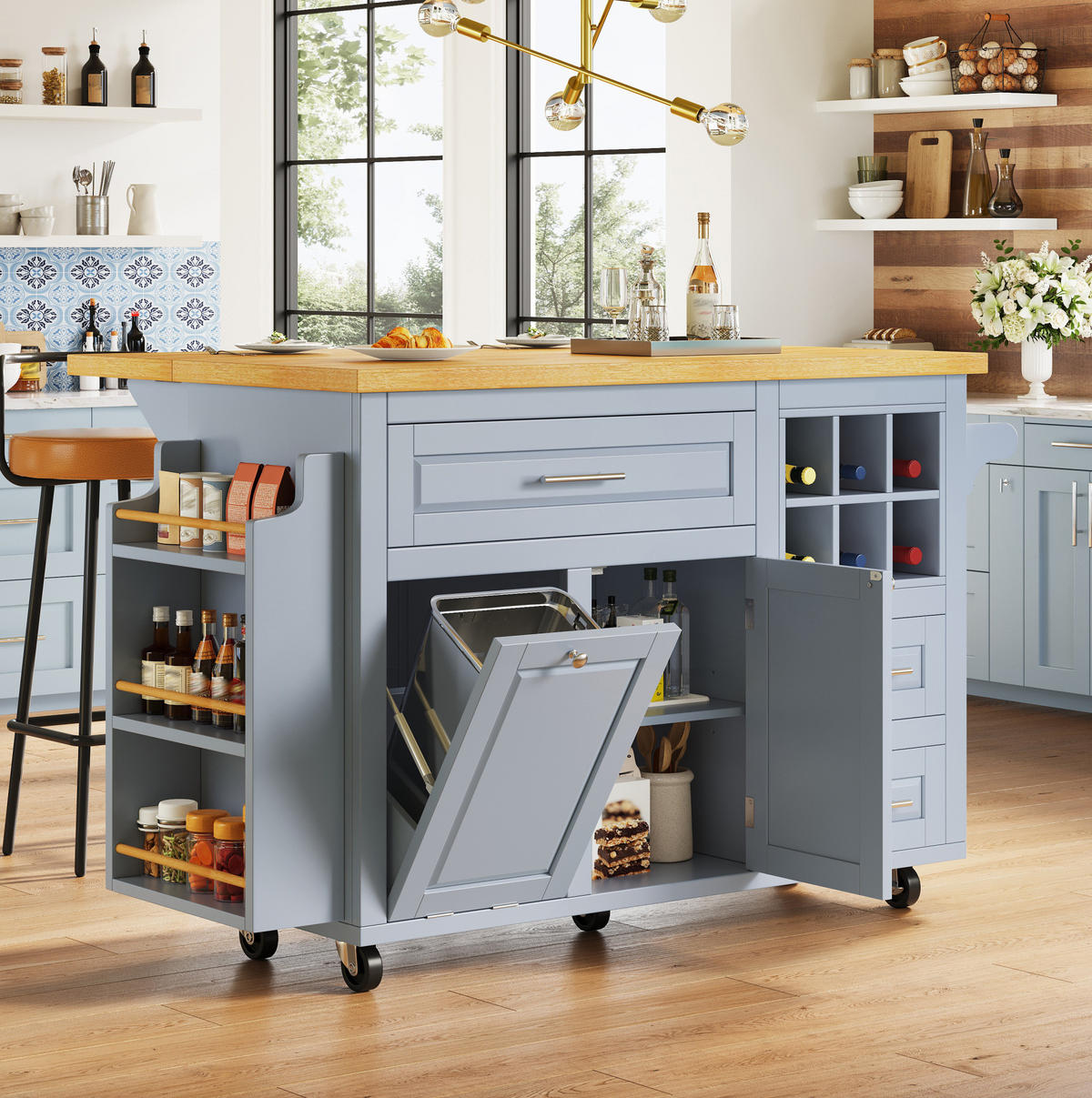 KÜCHENWAGEN mit klappbarer Arbeitsplatte 143 x 75 x 91 cm Blau - Blau, Holz (75/91/143cm) - Beauniv