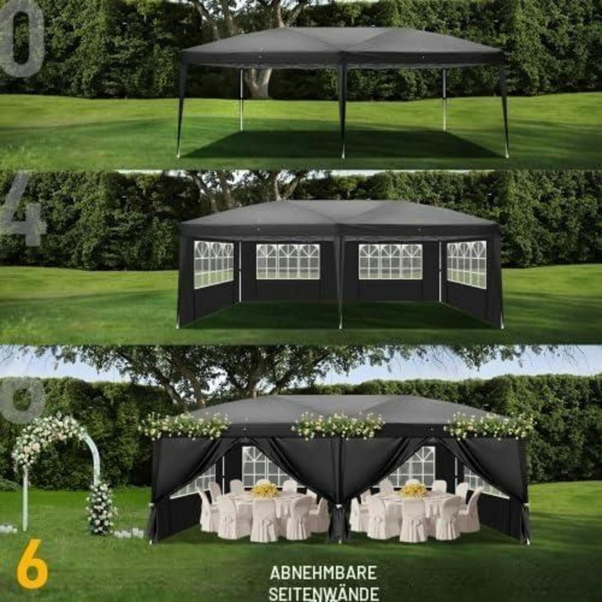 GARTENZELT 3x6m Höhenverstellbar Wasserdicht mit 6 Seitenteilen Schwarz - Schwarz, Textil (300/255/600cm)