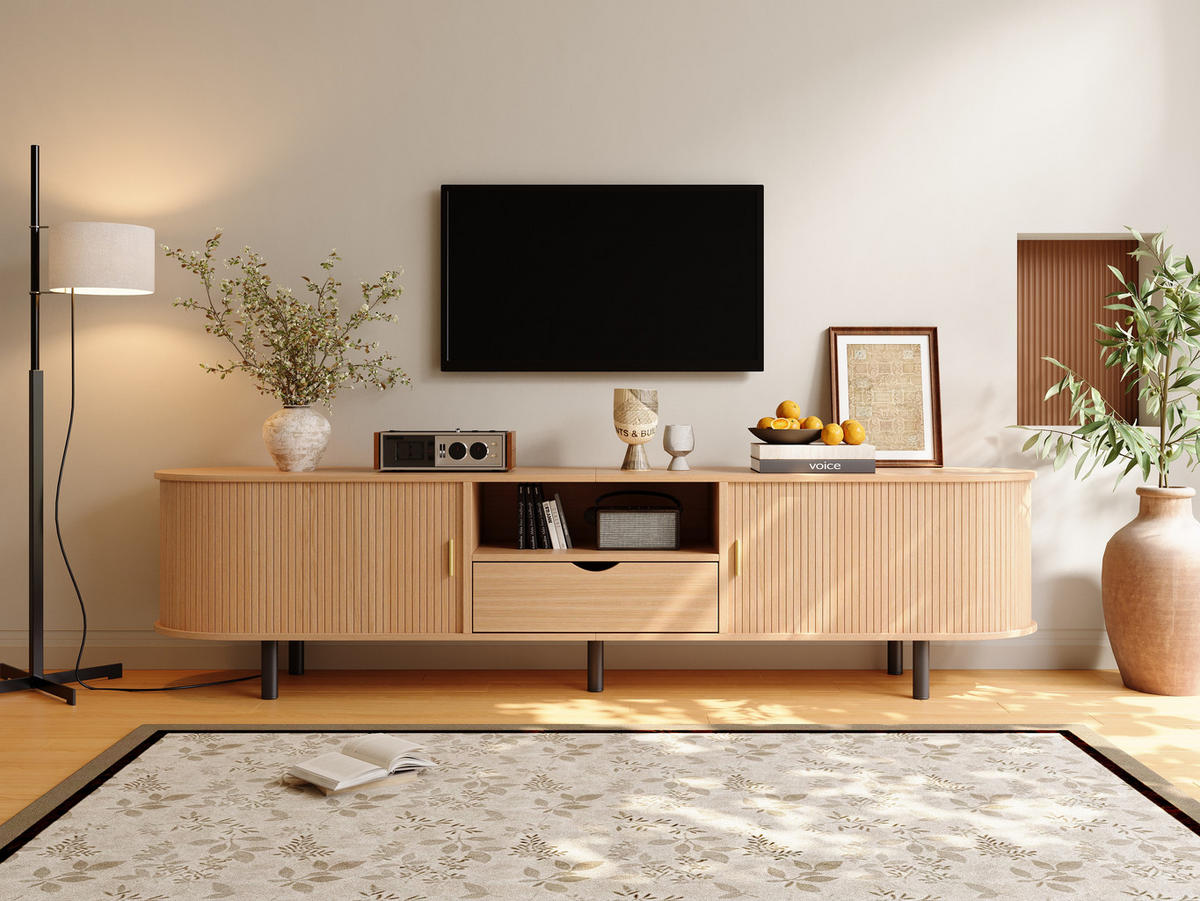 TV-SCHRANK mit abgerundeten Kanten und Rollo-Tür aus MDF 175 × 40 × 55 cm - Naturfarben, Holzwerkstoff (175/55/40cm) - Luhomfu