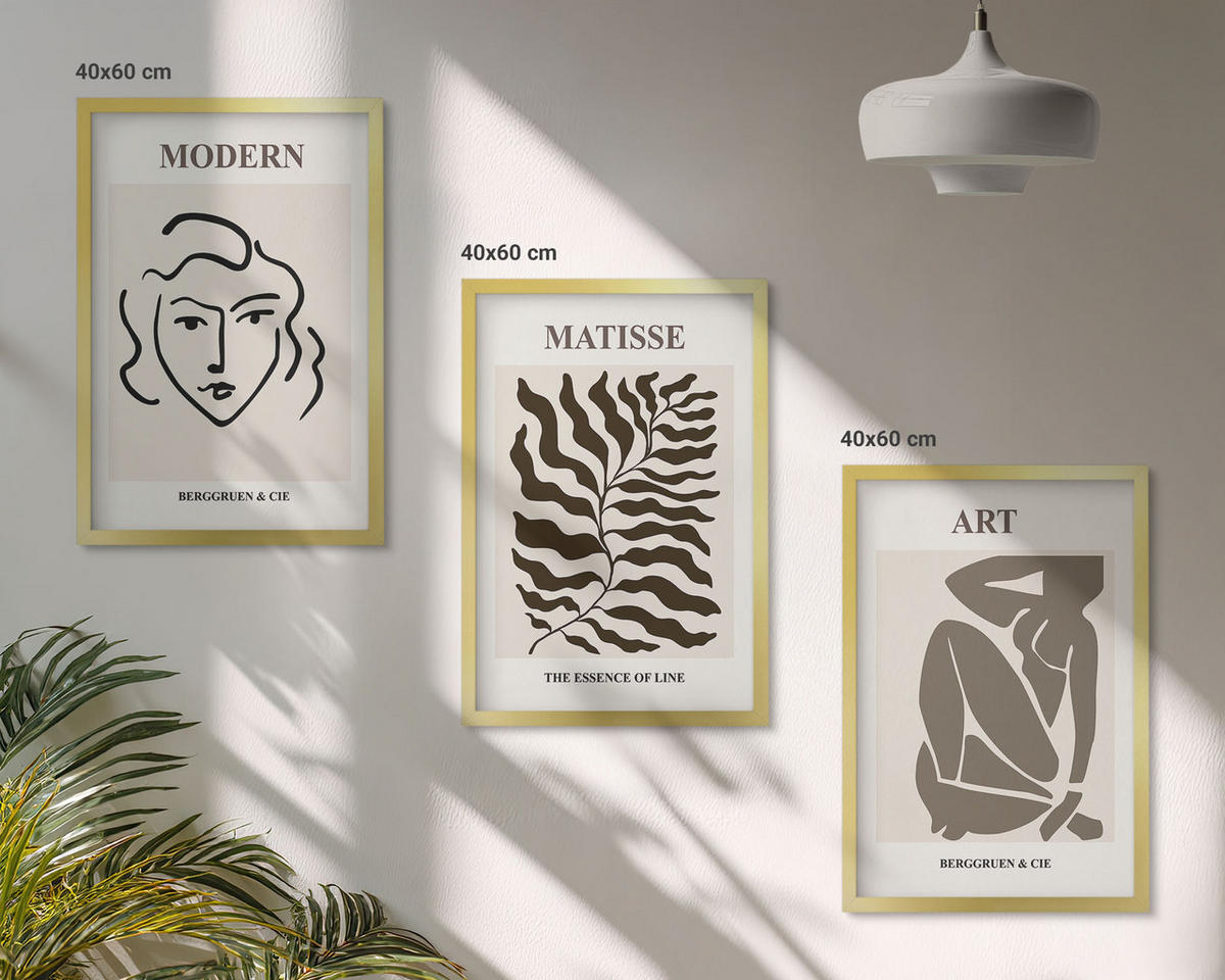 WANDBILDER 3er Set - 40x60 cm Goldrahmen - Stilvolle Grafiken, Linien, Zeichen - Goldfarben, Kunststoff (40/60cm) - ArtPrintCave