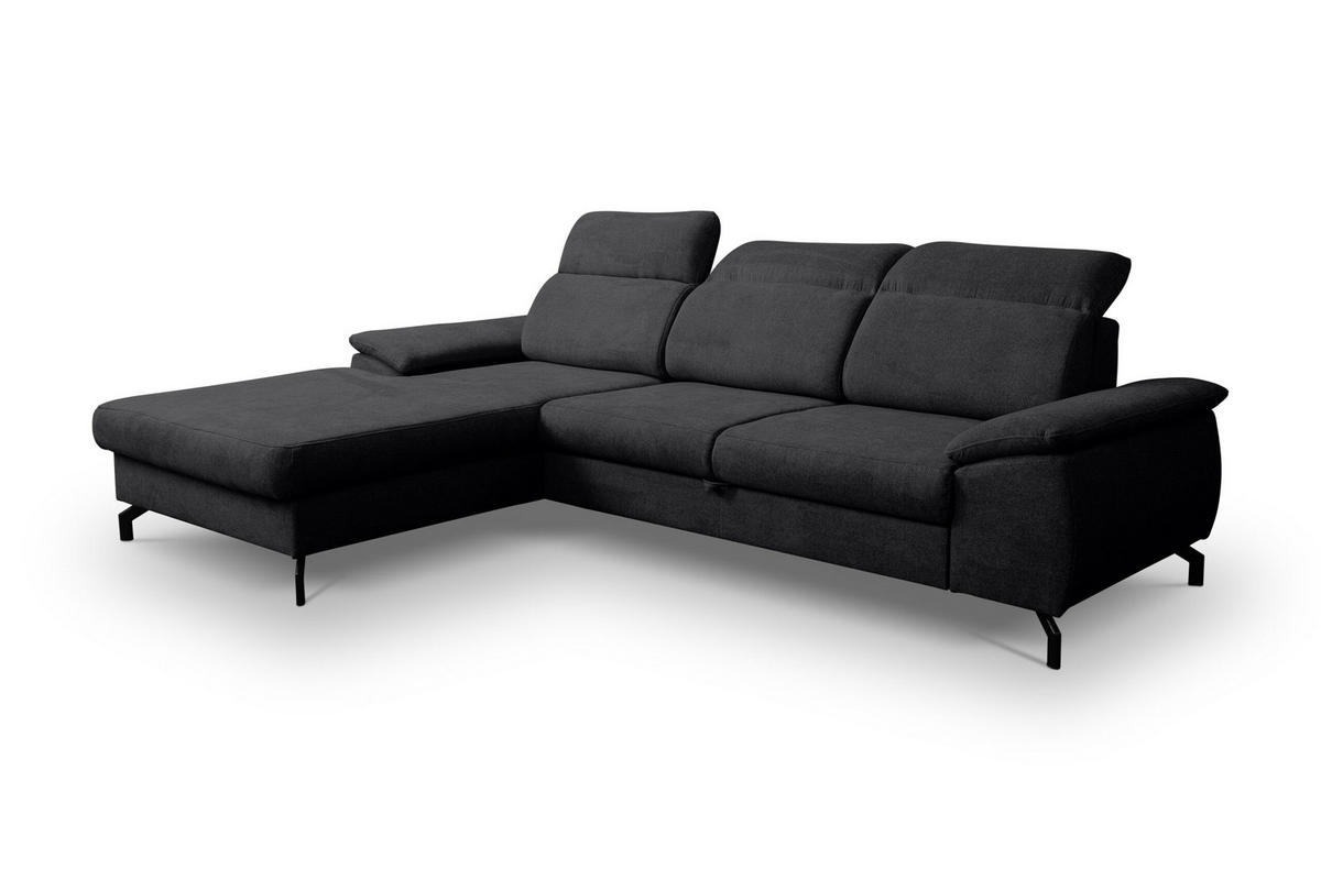 ECKSOFA MALIBU mit Schlaffunktion und Bettkasten, Farbe: Schwarz, Velourstoff, Ottomane Links - Schwarz, Textil (276/184cm) - VENASI MÖBEL