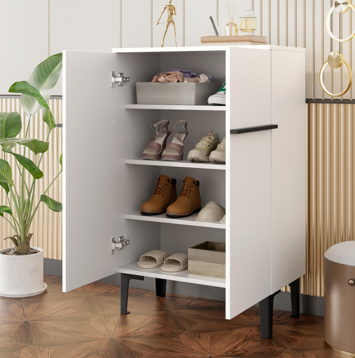 SCHUHSCHRANK mit Doppeltüren 60 x 34,5 x 95 cm Weiß/Schwarz - Weiß, Holz (34.5/95/60cm) - Beauniv
