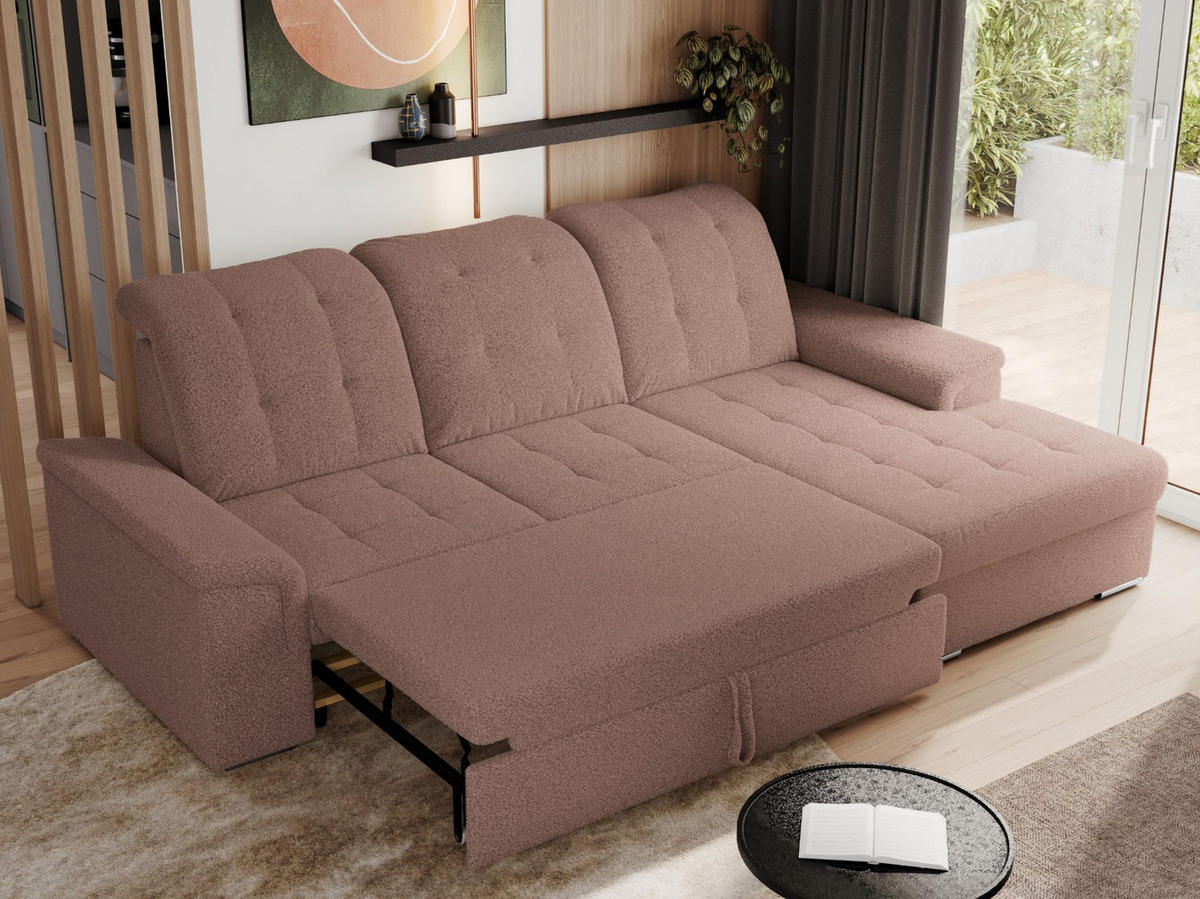 ECKSOFA MADRITO L - Rosa Boucle - Rechts - Silberfarben/Rosa, Textil/Metall (256/160cm)