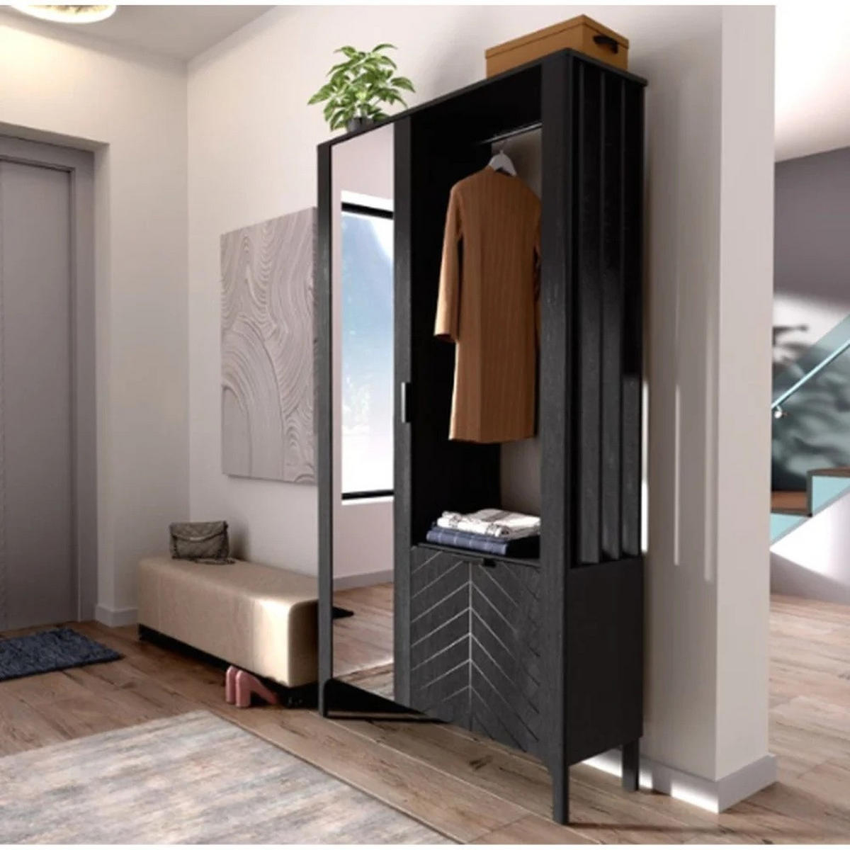 GARDEROBENSCHRANK Lume mit Spiegel, 105 cm, schwarz - Schwarz, Holzwerkstoff (105/197/33cm) - Beautysofa