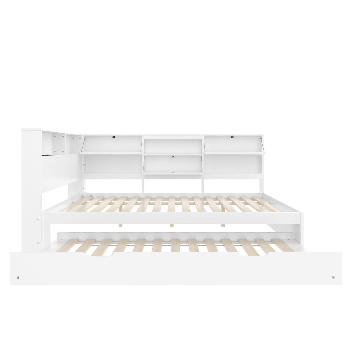 POLSTERBETT aus Kiefernholz 140x200 cm in Weiß mit Ausziehbett & Kopfteil-Stauraum - Weiß, Holz (90/200cm) - Modfu