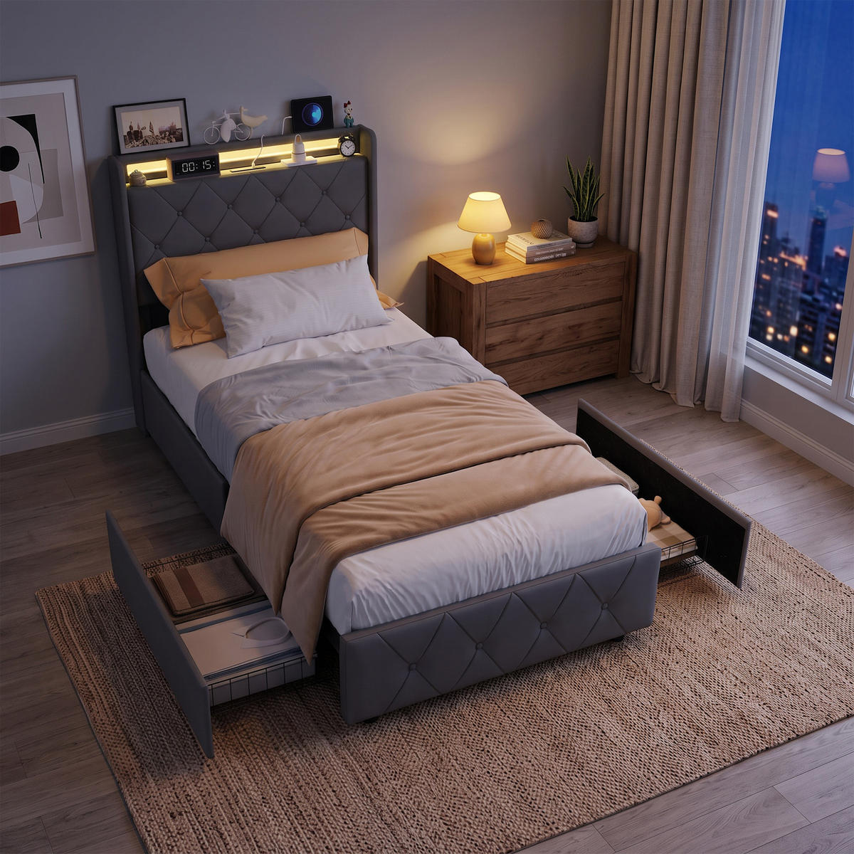 POLSTERBETT, LED-Beleuchtung Einzelbett 90x200cm mit Ladefunktion und 2 Schubladen, Samt, grau - Grau, Holz/Holzwerkstoff (90/200cm) - GENKI LIVING