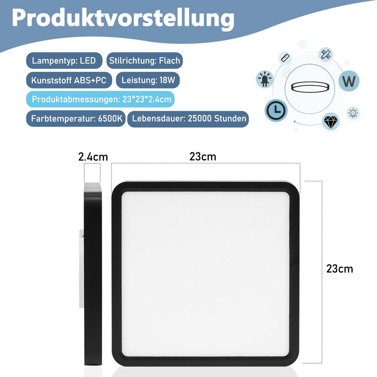 LED-DECKENLEUCHTE Luhn 23/23/2.4cm - Schwarz, Kunststoff (23/23/2.4cm) - Nettlife