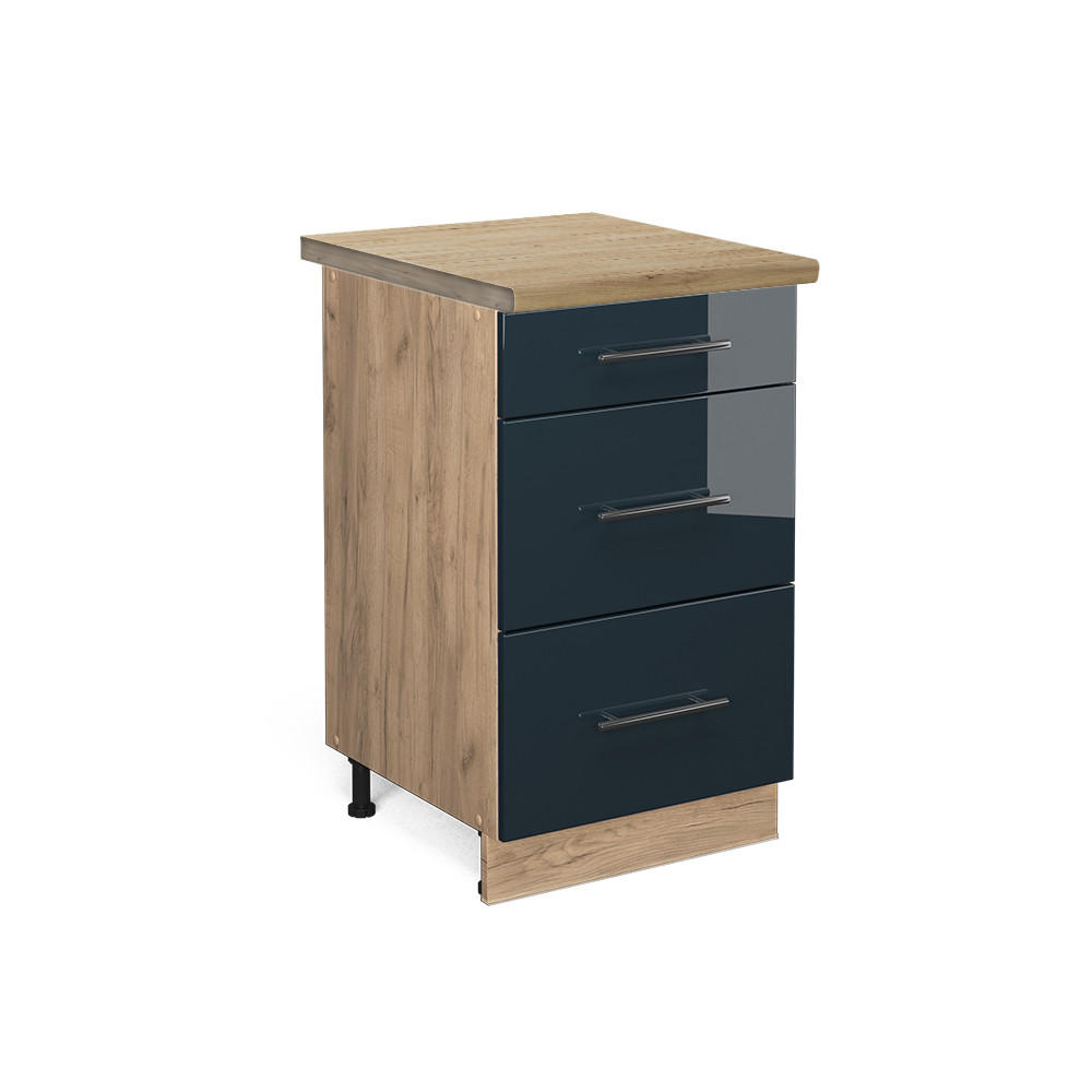 KÜCHENUNTERSCHRANK Fame-Line Dunkelblau Hochglanz 50 cm, AP Eiche - Eiche Wotan/Dunkelblau, Holzwerkstoff (50/82/60cm) - Vicco