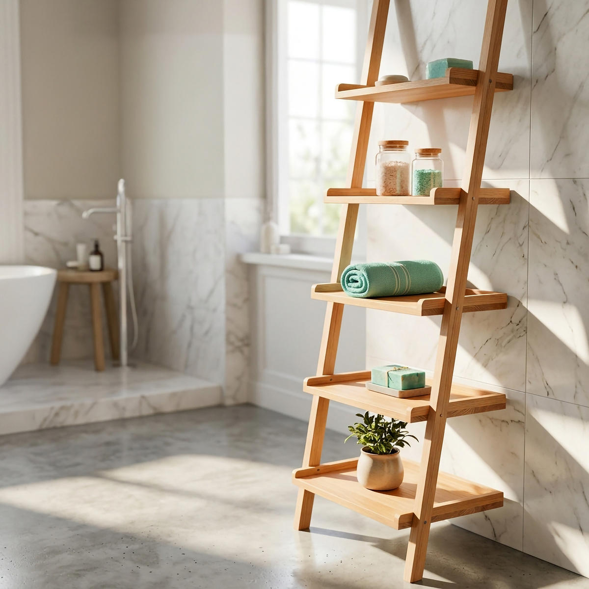LEITERREGAL Natur 5 Ablagen - Hellbraun, Holz (56/189/33cm) - Relaxdays