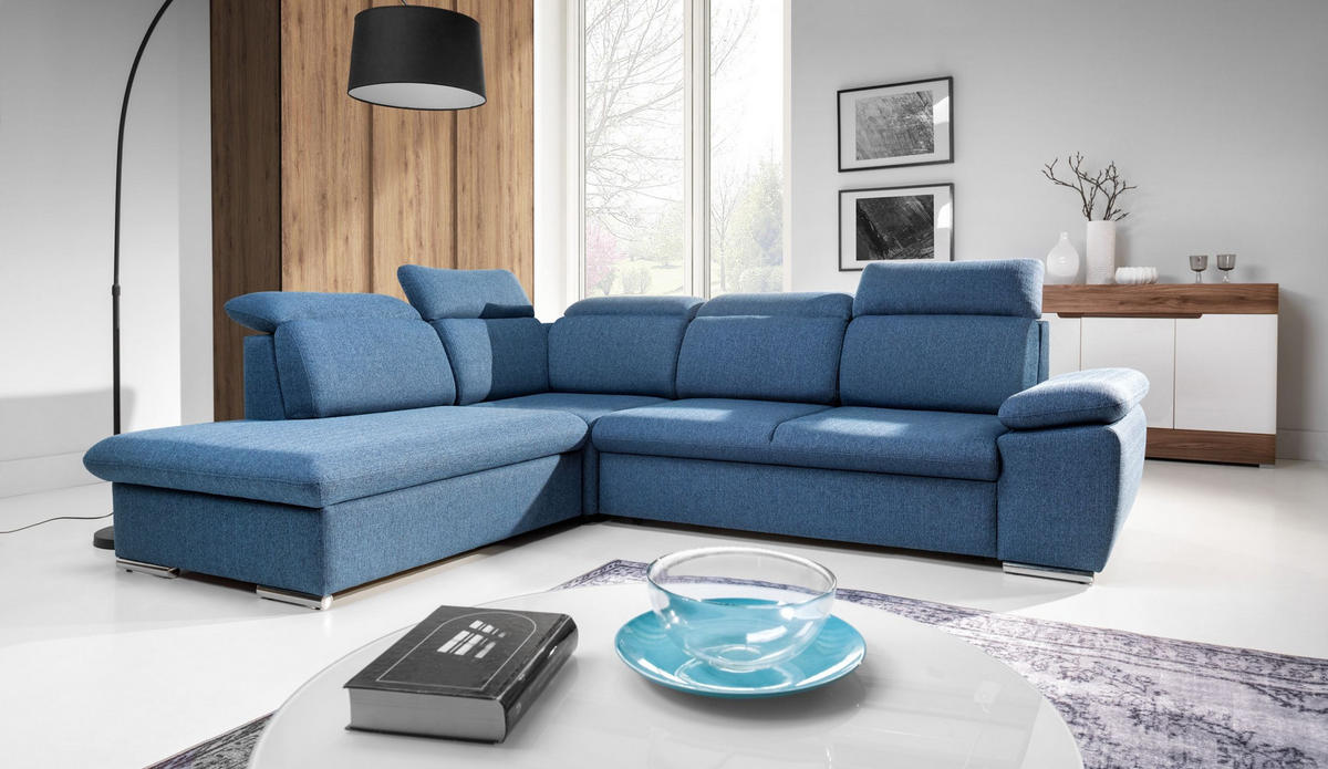 ECKSOFA ROSSI Blau Plüsch-Stoff mit Schlaffunktion - Blau, Holz (280/230cm) - MASSENO
