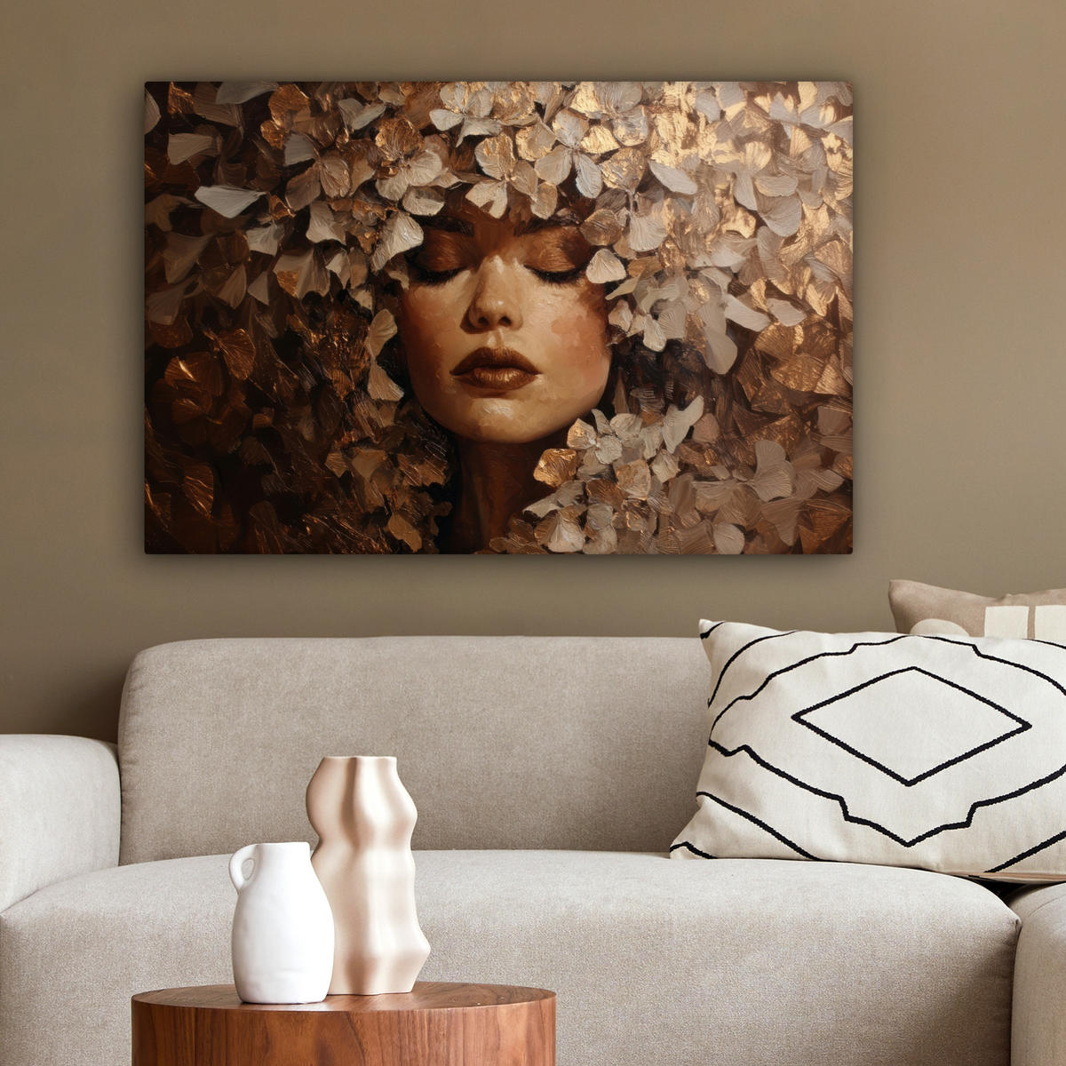 LEINWANDBILD Gesicht - Dame - Blätter - Pinselstriche Wanddeko 90x60 cm - Goldfarben, Textil (90/60cm) - MuchoWow