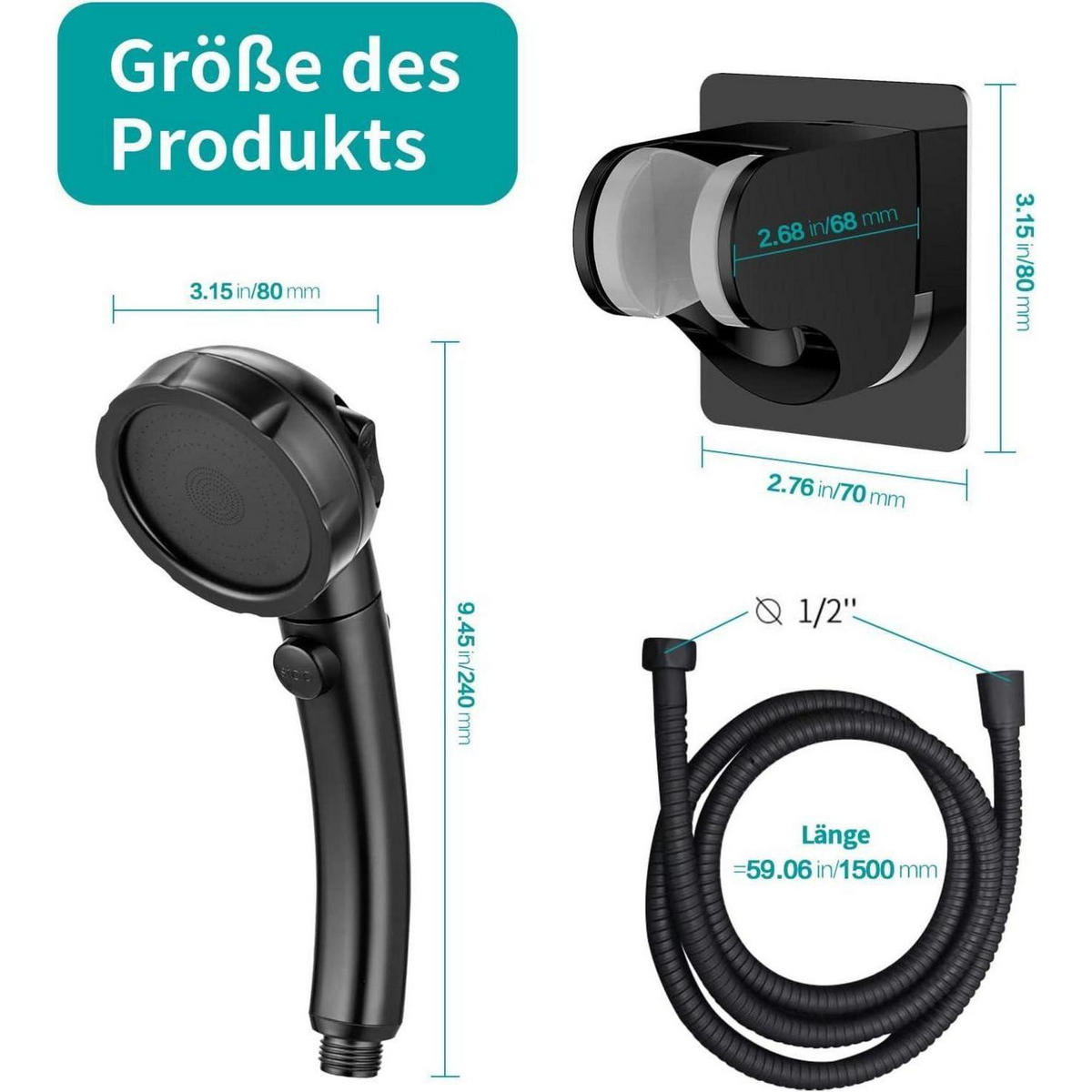 DUSCHKOPF Set mit Wassersparfunktion und 3 Strahlarten Schwarz - Schwarz, Kunststoff (8/12.7/24cm)