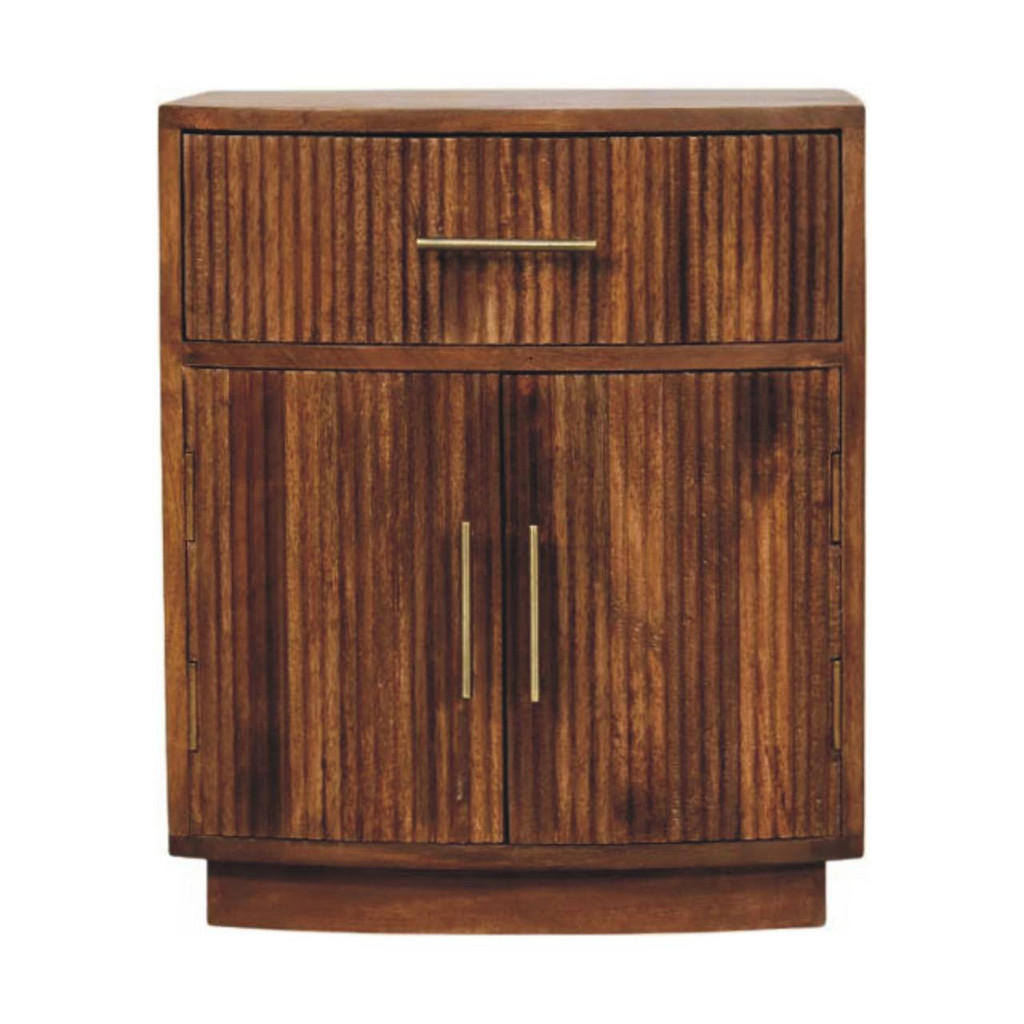 Artisan Furniture NOČNÍ SKŘÍŇKA z masivního dřeva, zaoblená, rýhovaná, 1 zásuvka a 2 police s dvířky, tmavě hnědá