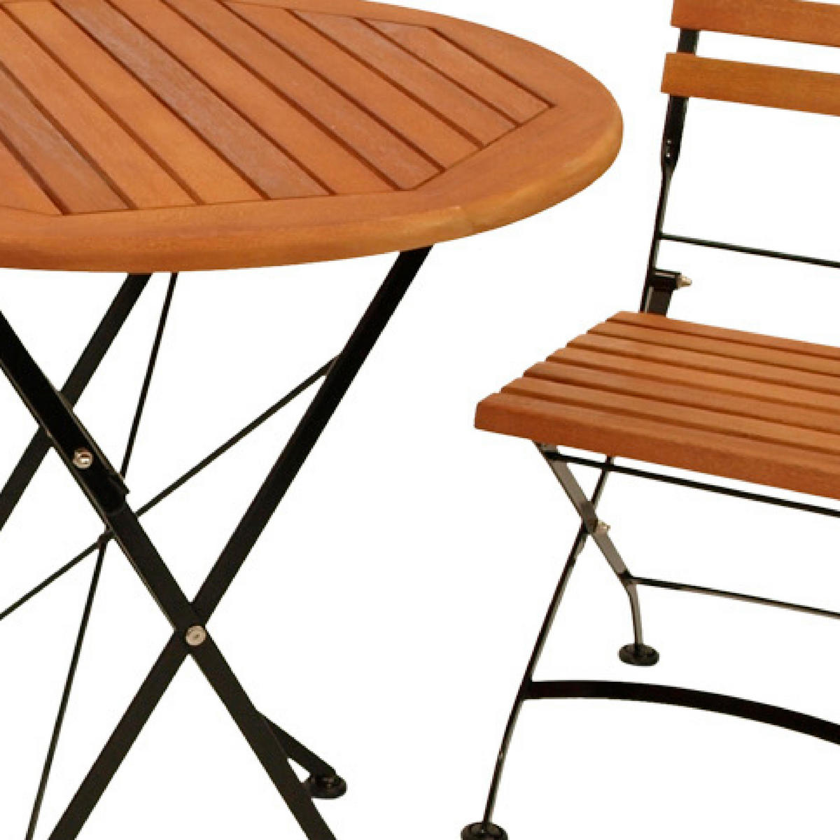 GARTENESSGRUPPE Bad Belzig - 3-teilig (2x Stuhl, 1x Tisch 75cm rund), Gestell Flachstahl schwarz, Latten Eukalyptusholz, FSC®-zertifiziert. - Schwarz, Metall - TPFGarden