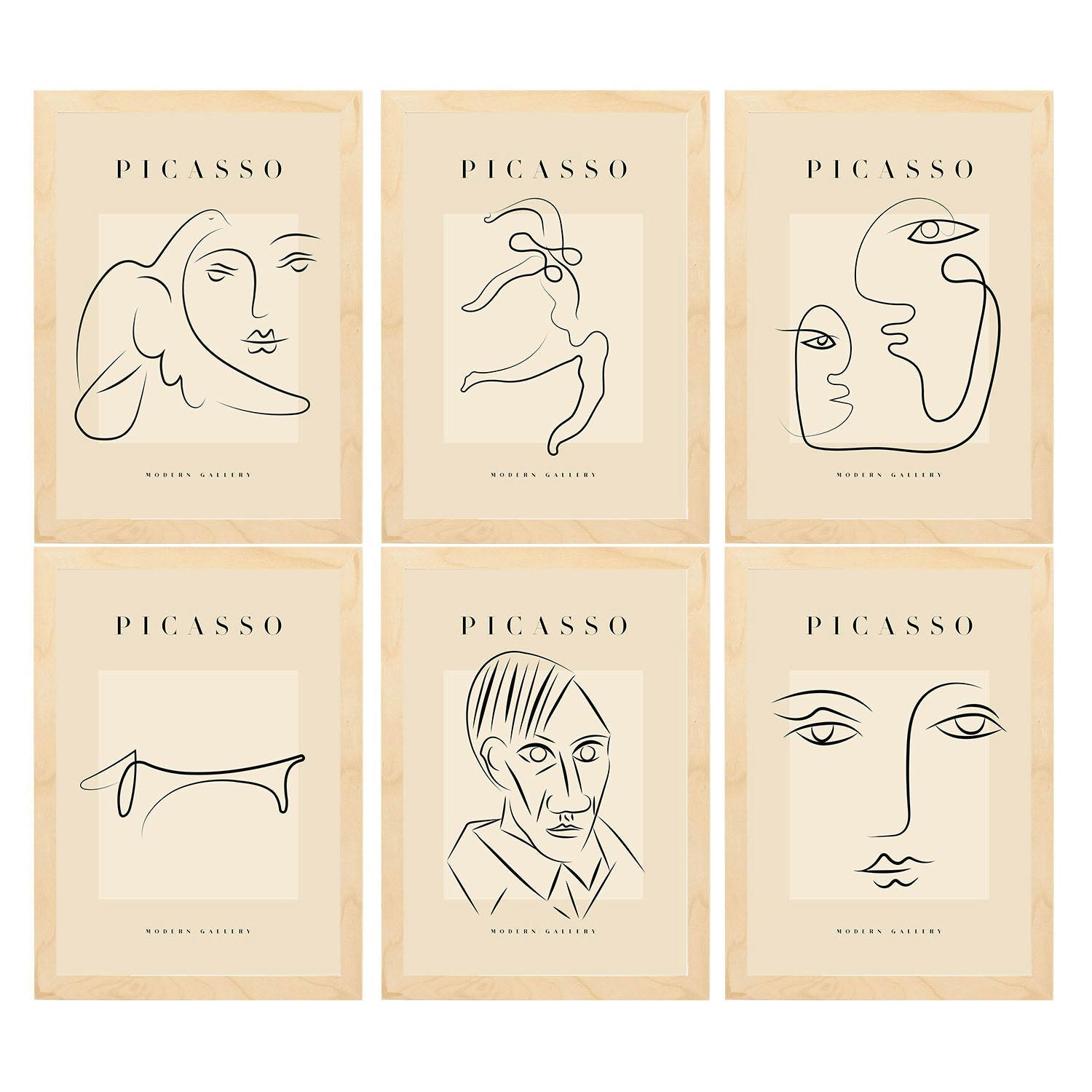 POSTER Set Mit 6 Illustrationen Von Pablo Picasso Starren A3 Rahmen Aus Hellem Holz - Beige, Papier (29/3cm) - Nacnic