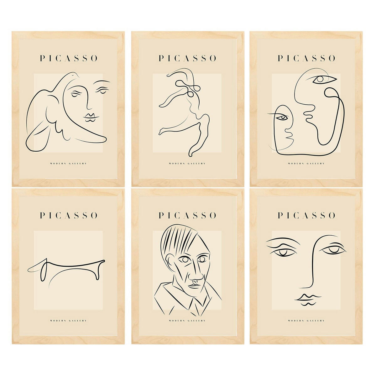 POSTER Set Mit 6 Illustrationen Von Pablo Picasso Starren A3 Rahmen Aus Hellem Holz - Beige, Papier (29/3cm) - Nacnic