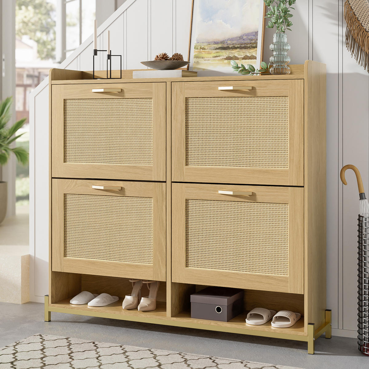 SCHUHSCHRANK Holz Rattantüren 4 Türen Metallrahmen Regal - Hellbraun, Holzwerkstoff (24/100/108.5cm) - FLIEKS