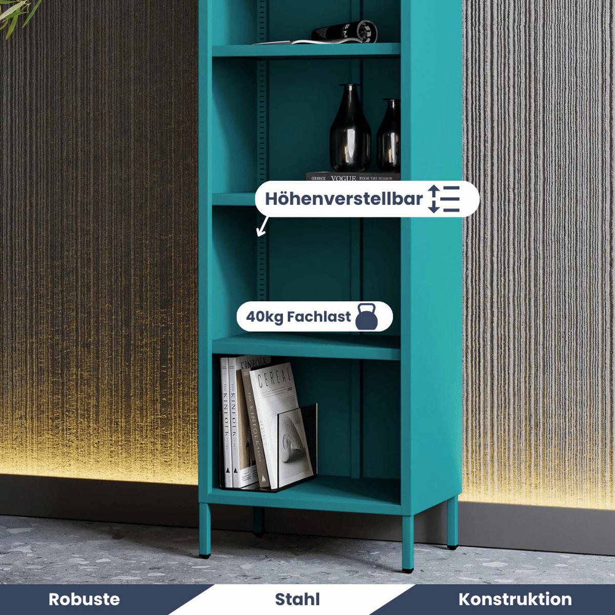 BÜCHERREGAL Metall CLIEN 5 Ebenen 180x50x35cm Türkis - Türkis, Metall (50/180/35cm) - DELUKE