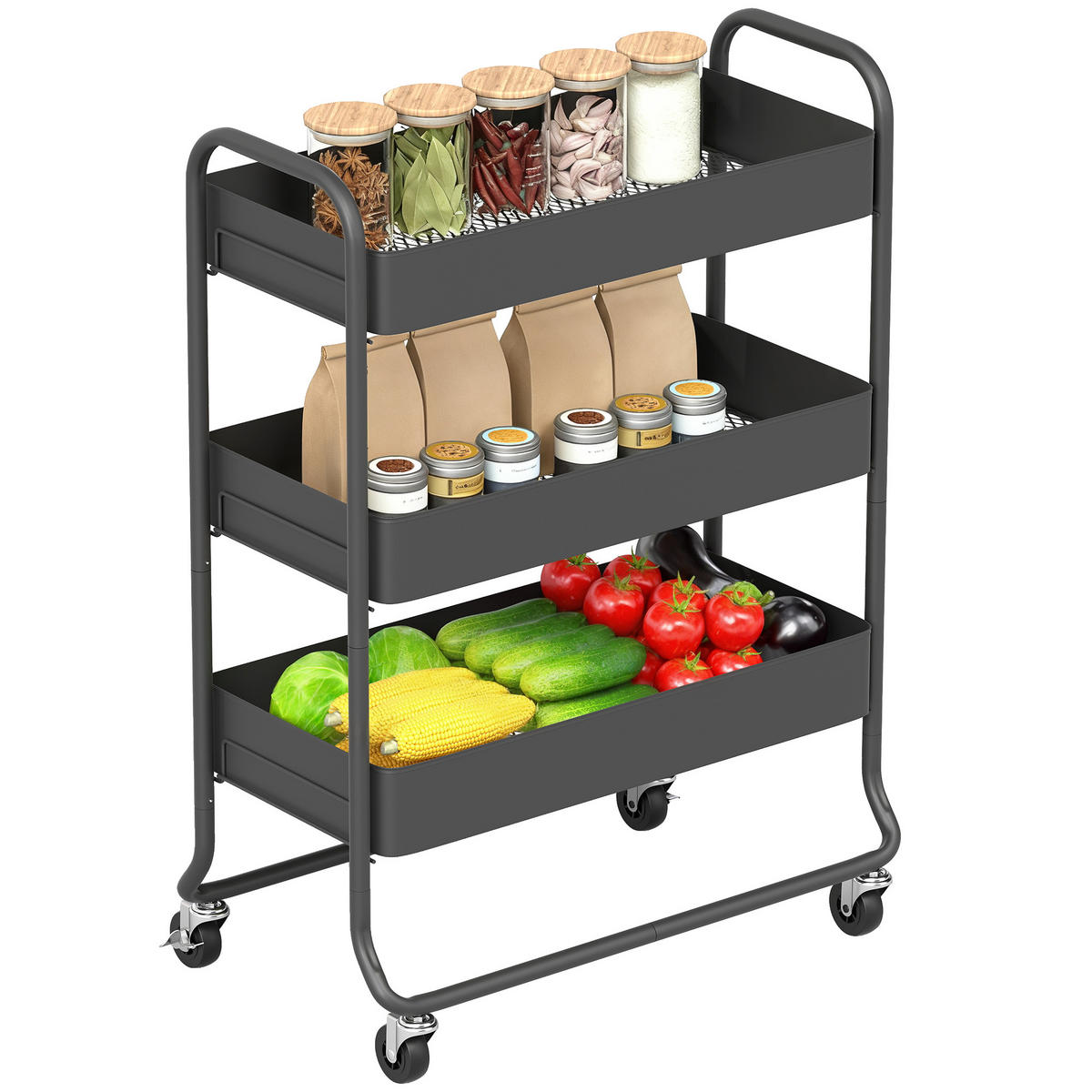 KÜCHENWAGEN DE-10514 3 Körbe mit Rollen Schwarz - Schwarz, Metall (34/87/64.5cm) - ComfortXL