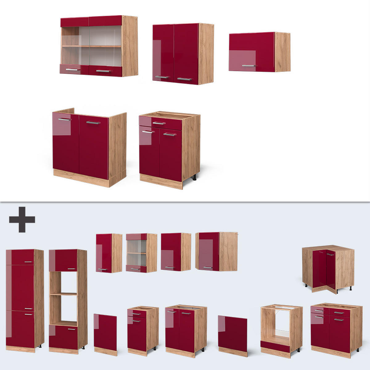KÜCHENZEILE R-Line Rot Hochglanz/Goldkraft Eiche 200 cm AP Marmor - Rot/Eiche Wotan, Holzwerkstoff (200/81.6/60cm) - Vicco