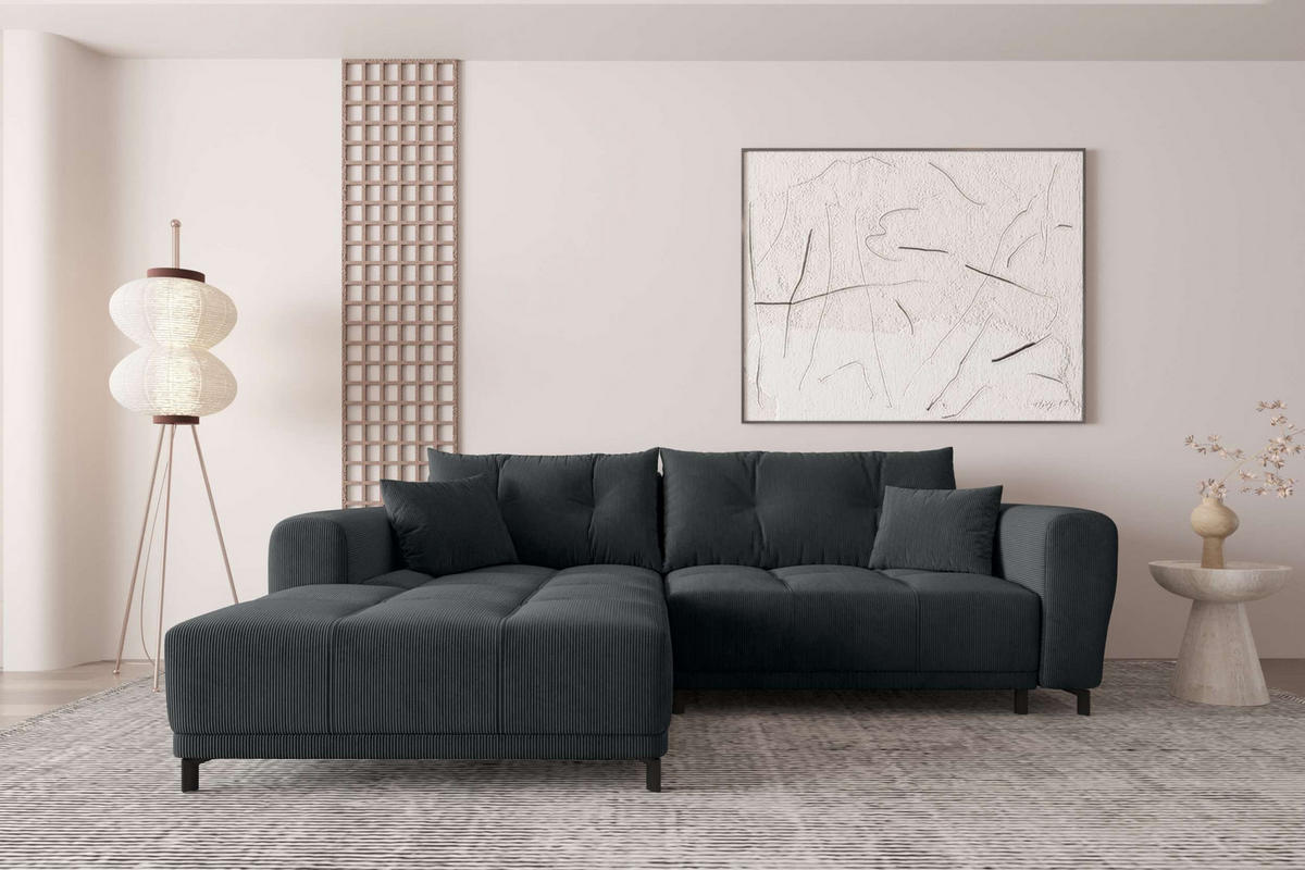 ECKSOFA Massimo Cordstoff Graphitfarben inkl. Schlaffunktion Links - Schwarz/Graphitfarben, Textil/Metall (246/177cm) - 99rooms