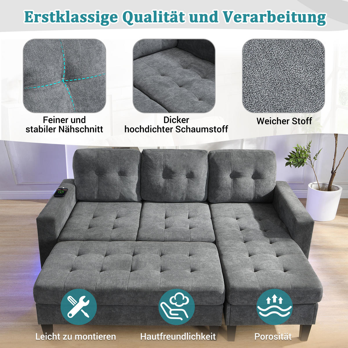 SCHLAFSOFA 185/135/85 cm Antikgrau mit beweglicher Fußbank und LED-Ambiente-Beleuchtung - Dunkelgrau, Textil (185/85/135cm) - Oxeza