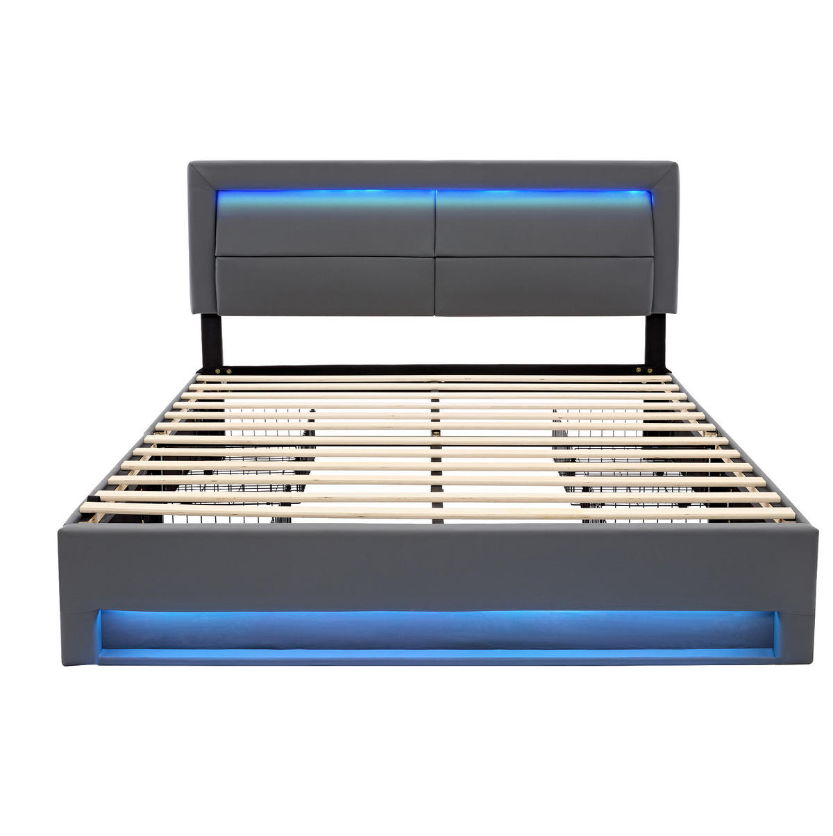 TAPECIRANI krevet 140/200 cm sivi od PU kože s LED rasvjetom USB punjenjem i 4 ladice - siva, plastika (140/200cm) - OKWISH