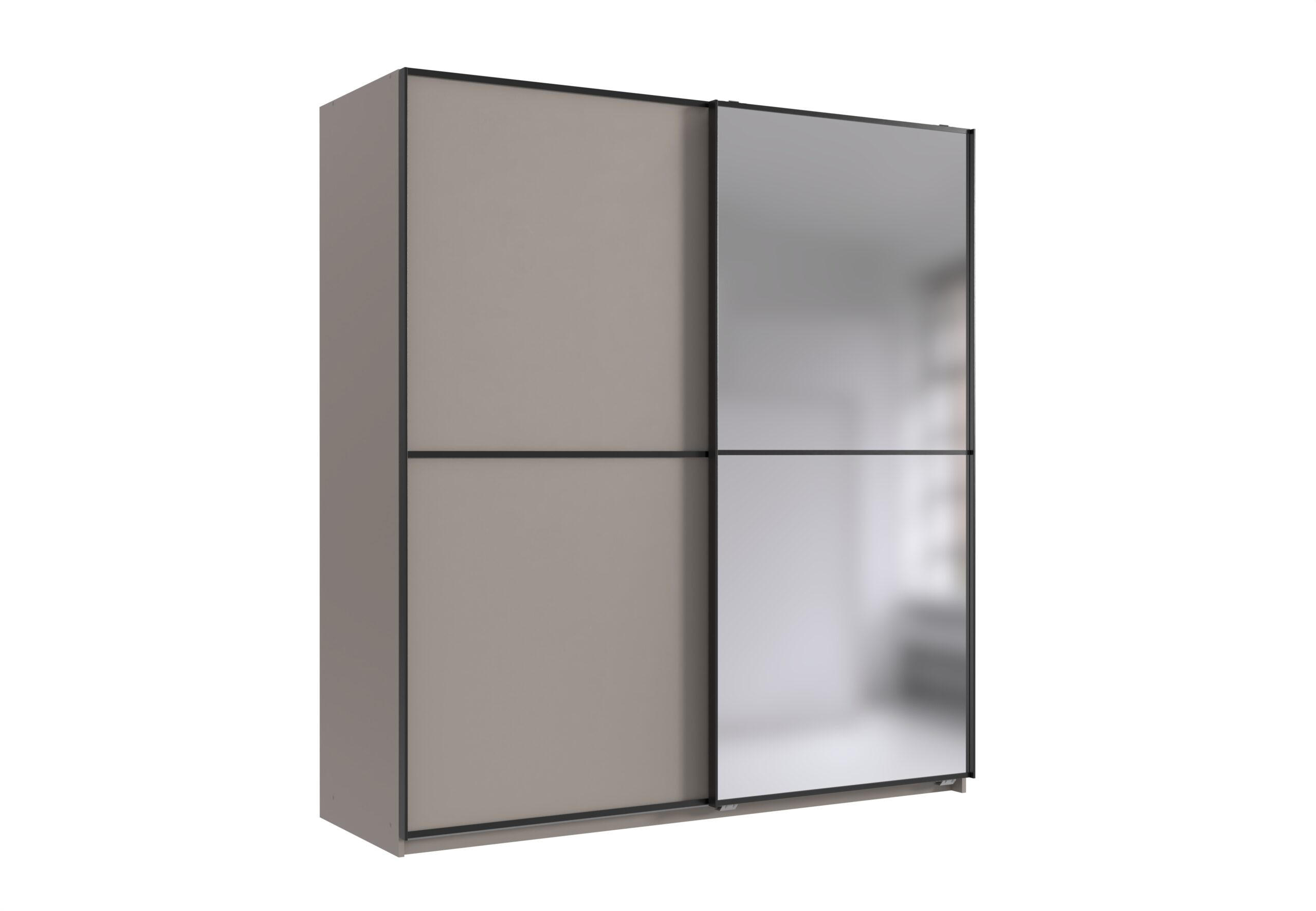 SCHWEBETÜRENSCHRANK Ulm in Saharagrau mit Aufleistungen in Schwarz 180 x 198 x 65 cm (B x H x T) Kleiderschrank mit Spiegel - Grau, Holzwerkstoff (80/200/120cm)