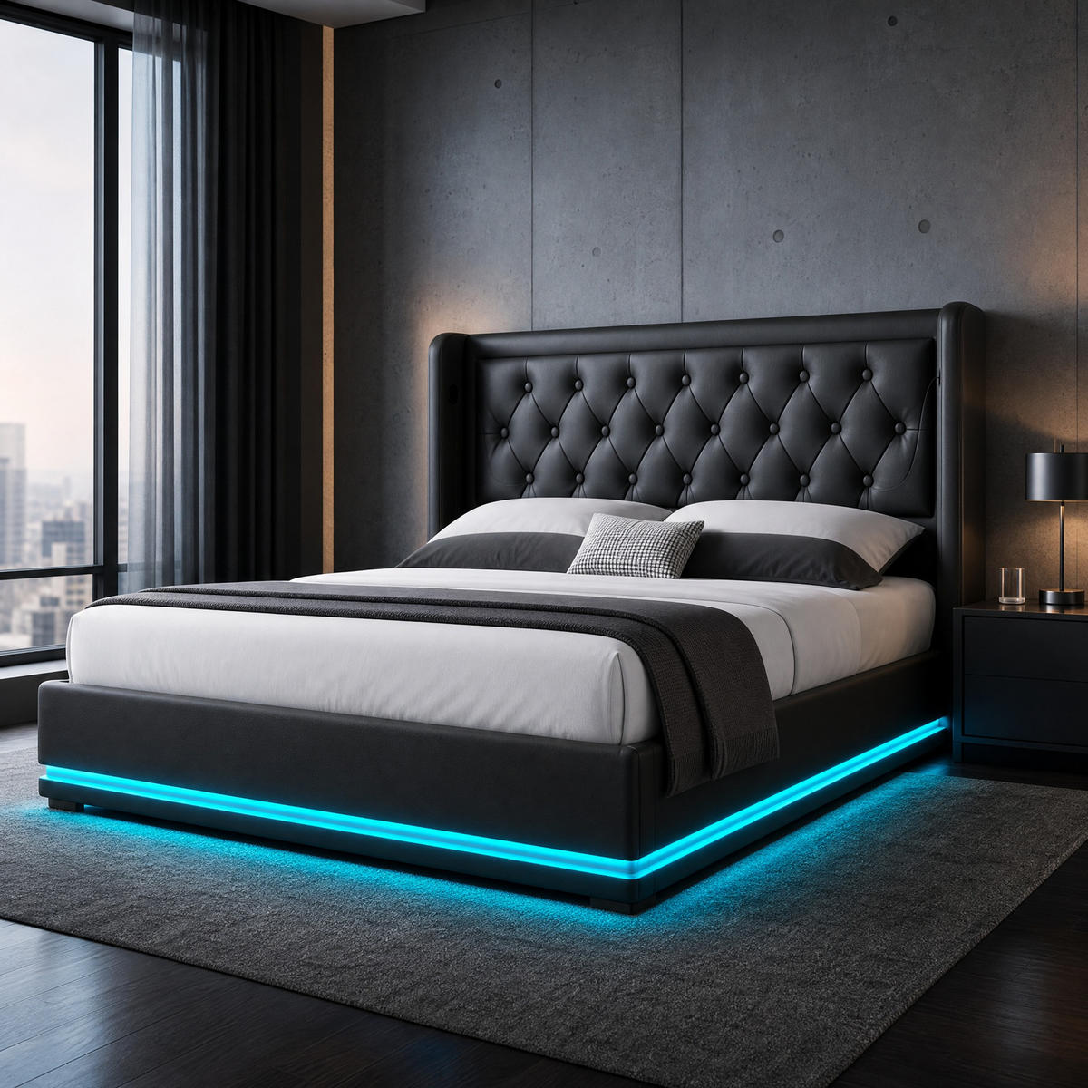 POLSTERBETT 160/200 mit Bettkasten, LED-Beleuchtung und USB Type-C Ladefunktion in Schwarz - Schwarz, Holzwerkstoff/Textil (160/200cm) - EVRYAE