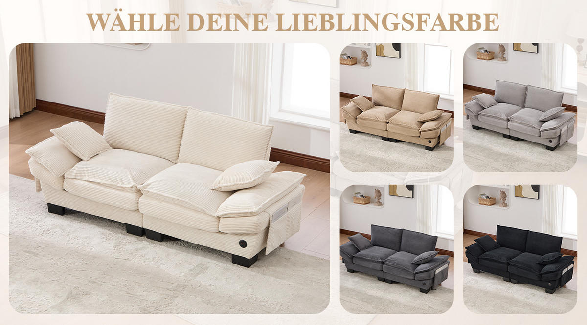 2-SITZER Sofa aus Corduroy 190x73x84 cm in Beige mit USB-C & Seitentaschen - Beige, Textil (73/84/190cm) - Modfu